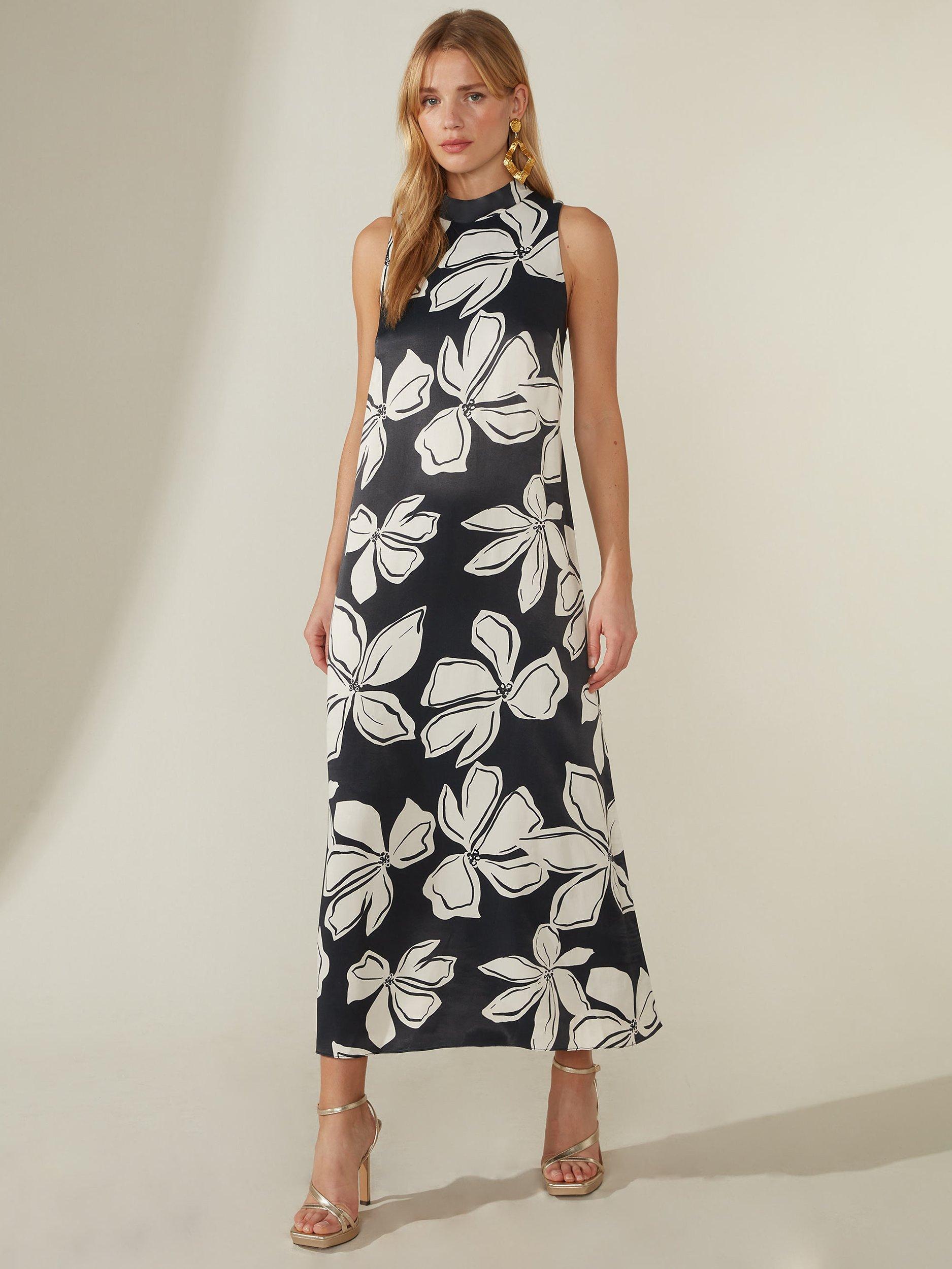 Ro&Zo Petite High Neck Floral Midi Dress, Black