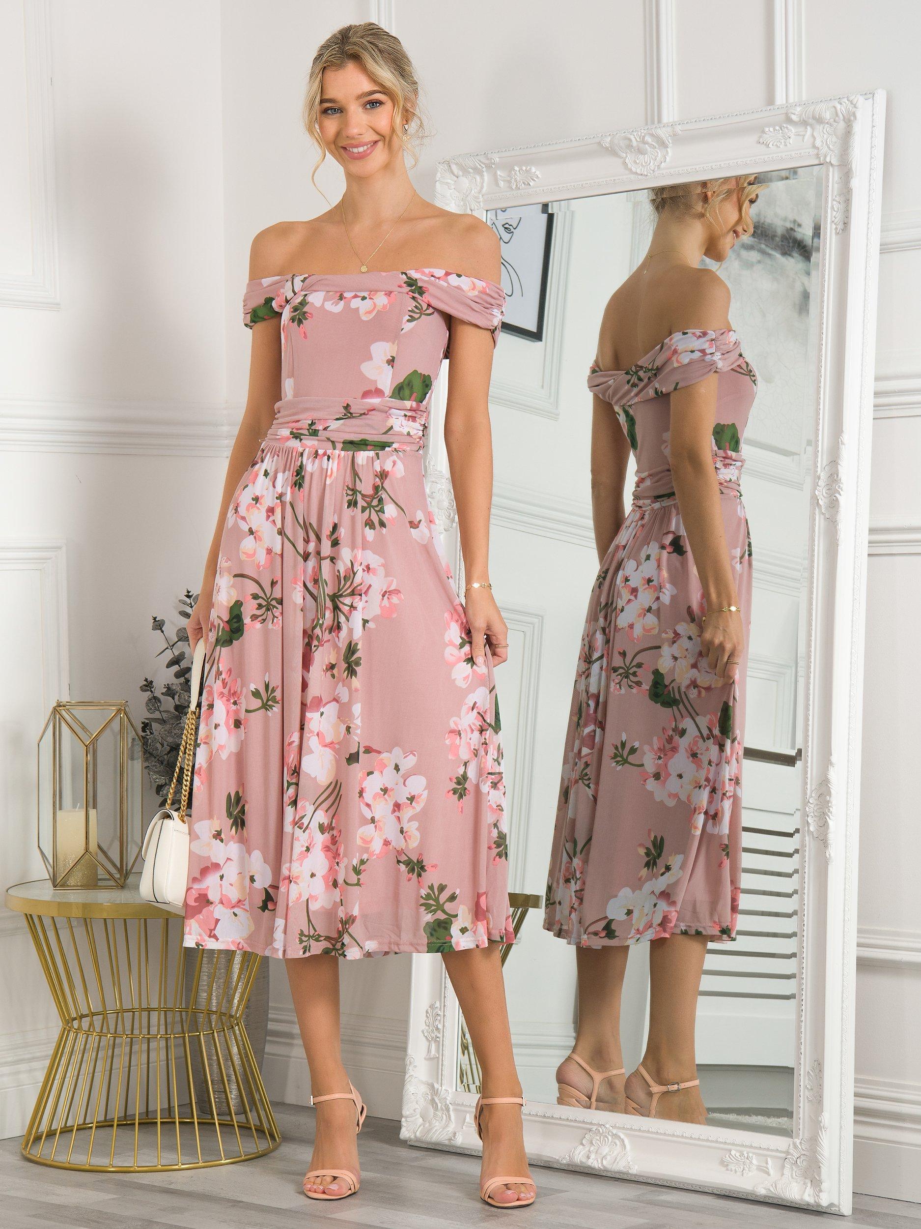 Jolie Moi Rawiya Bardot Neck Mesh Dress, Pink