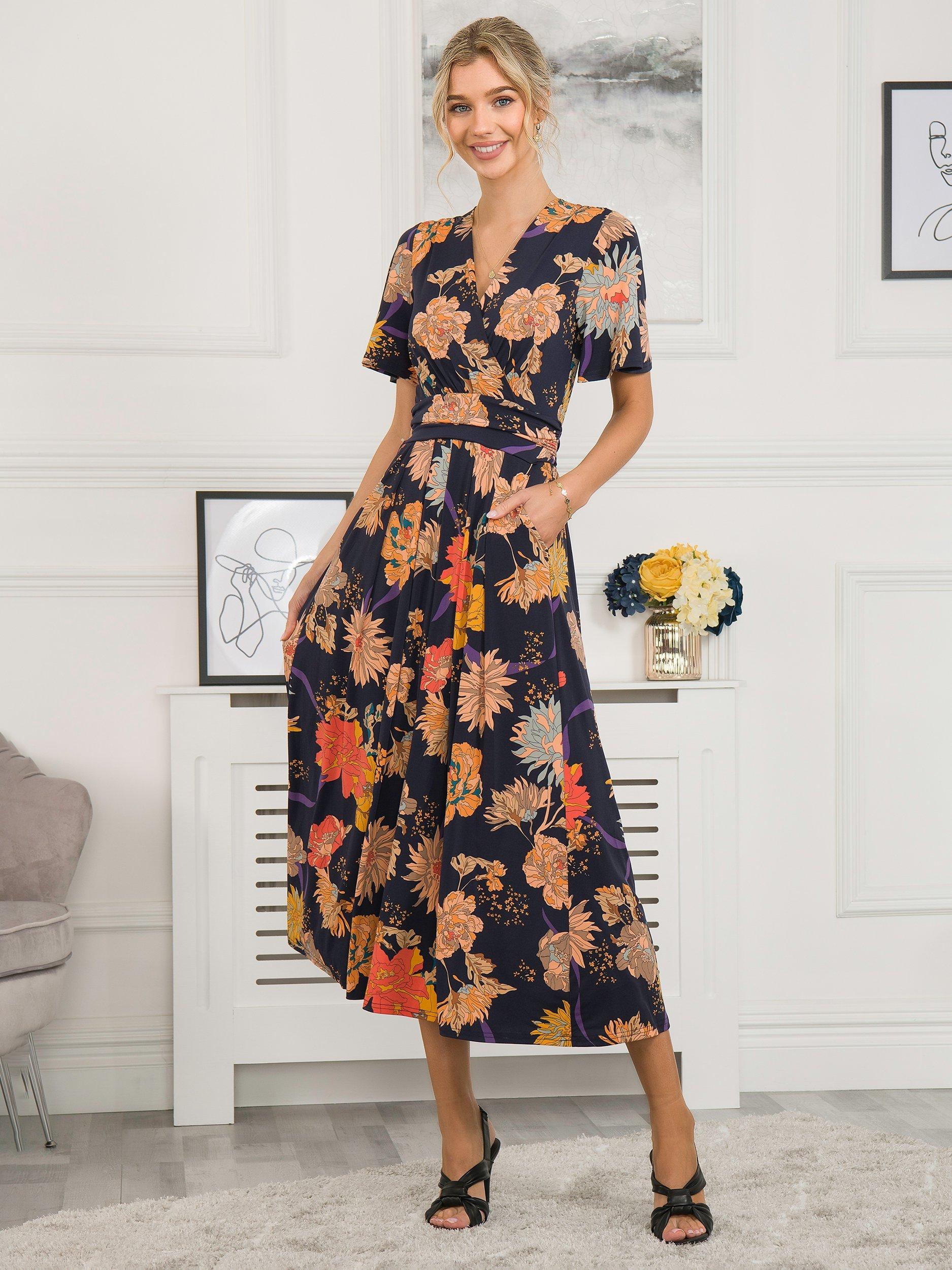 Jolie Moi Sherya Jersey Angel Sleeve Midi Dress, Navy/Orange