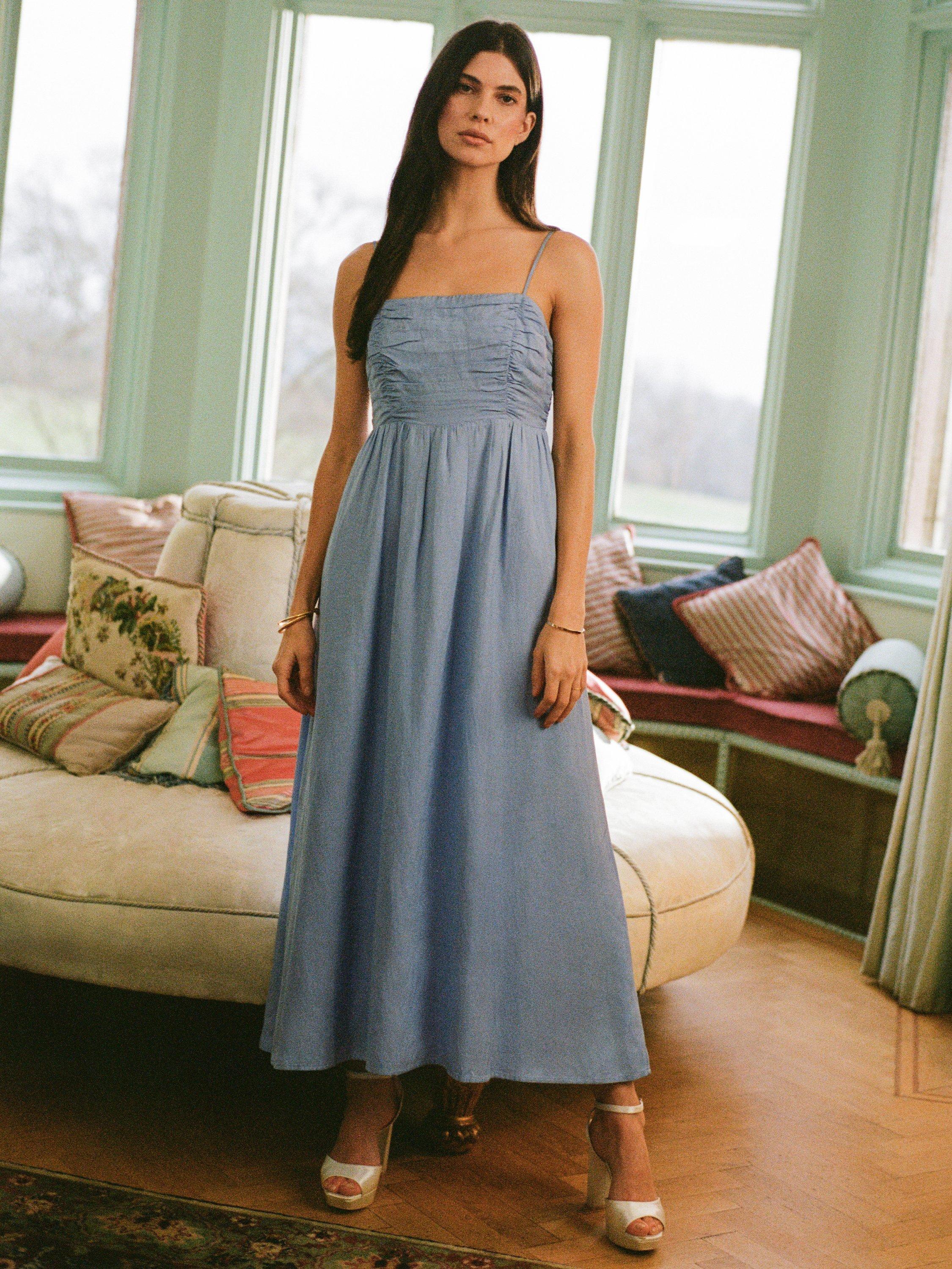 Nobody's Child Rue Ruched Linen Blend Occasion Dress, Blue
