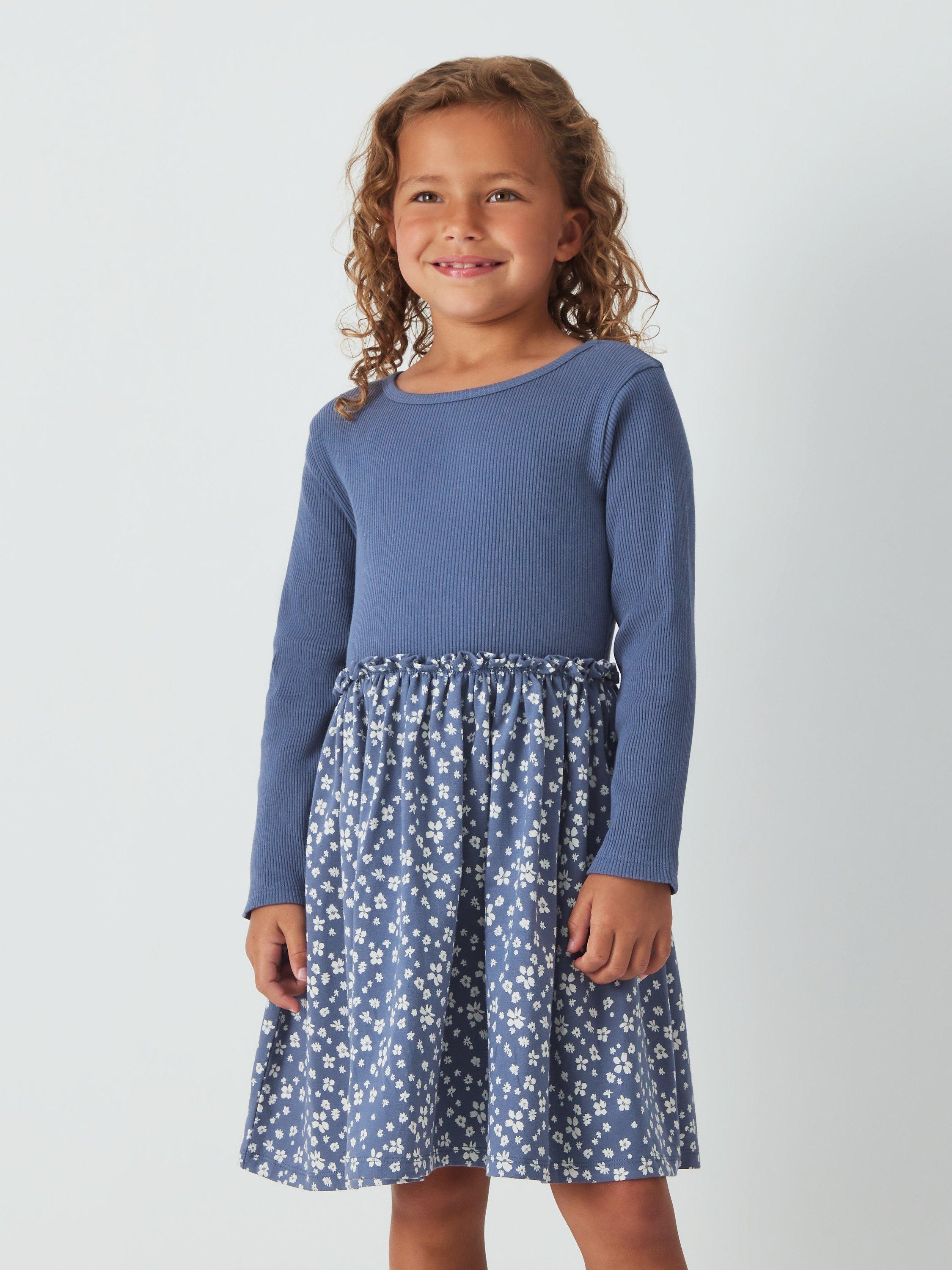 John Lewis Kids' Half & Half Ribbed Floral Dress, Blue