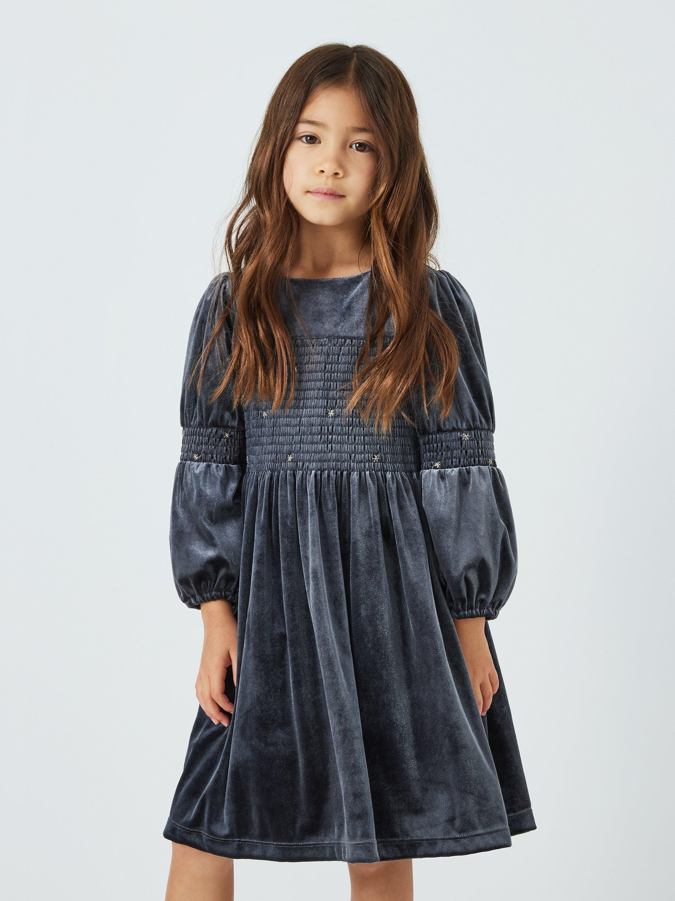 John Lewis Heirloom Collection Kids' Velvet Star Shirring Party Dress, Charcoal