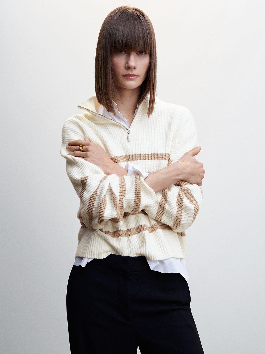 Mango Rizo Striped Zip Neck Jumper, Pastel Brown