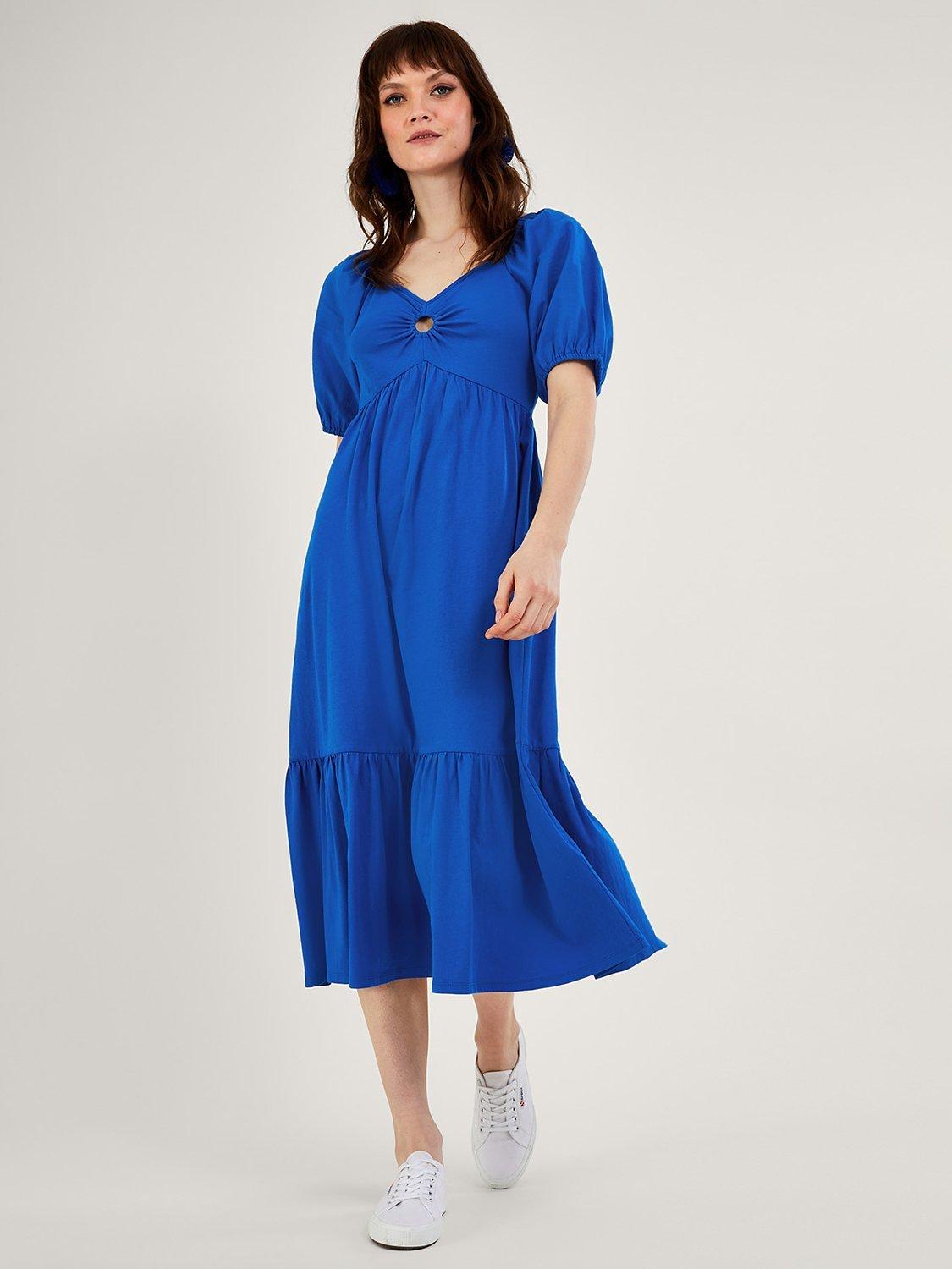 Monsoon Ring Detail Cotton Midi Dress Cobalt