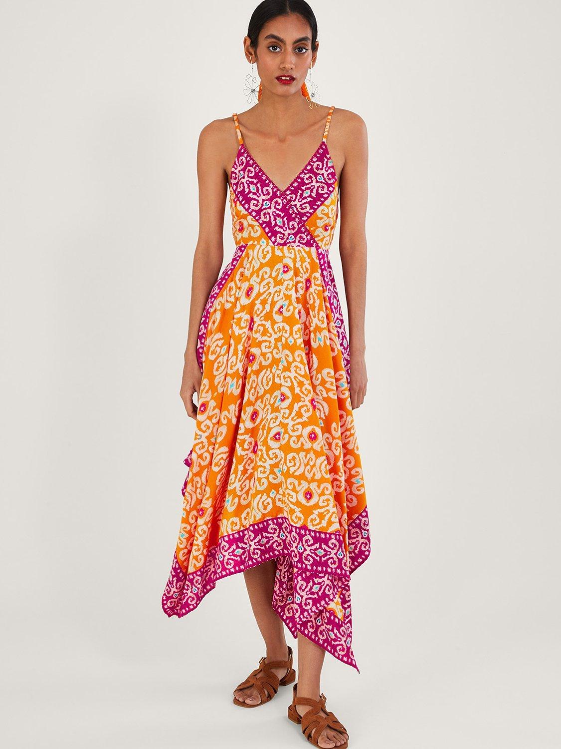 Monsoon Bandini Print Hanky Hem Midi Dress, Orange