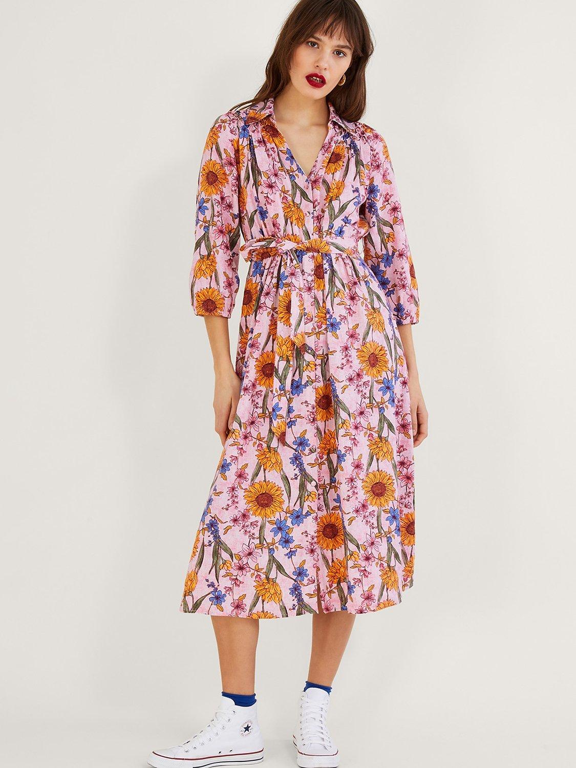 Monsoon Leilah Floral Print Linen Blend Dress, Blush