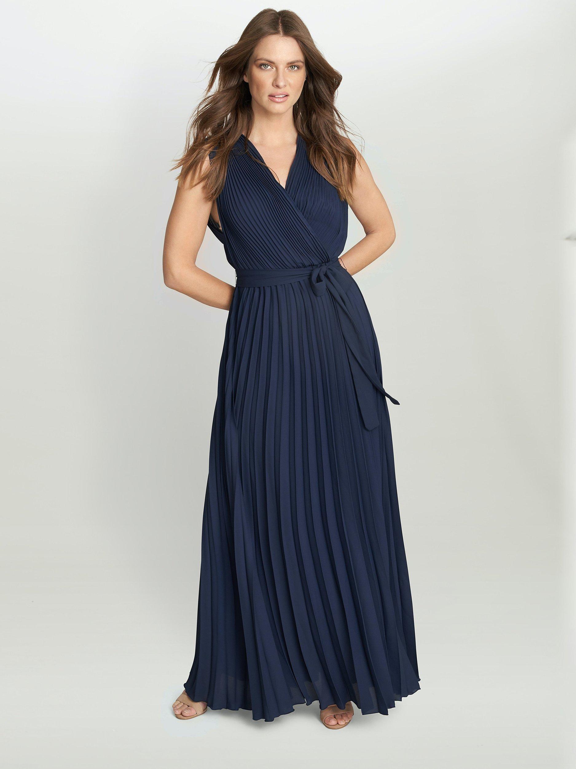 Gina Bacconi Chelsey Pleated Chiffon Maxi Dress, Navy, S