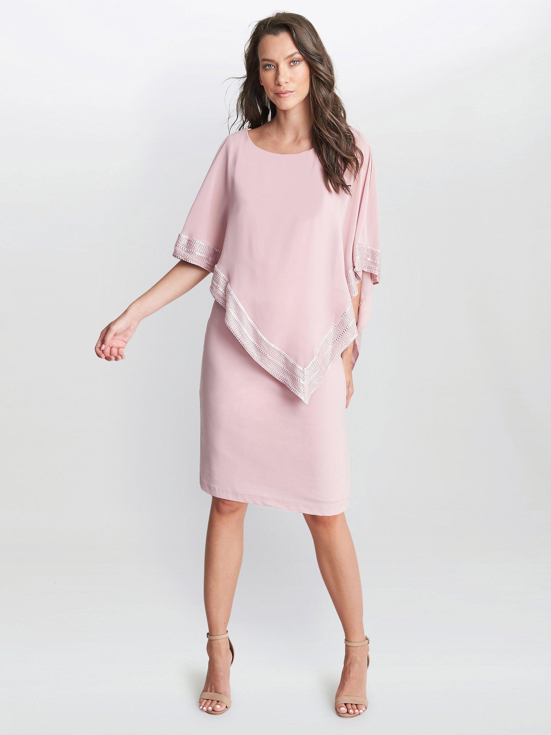 Product image 3 of 5, which shows Gina Bacconi Lucy Metallic Trim Cape Dress, Rose Pink, 10