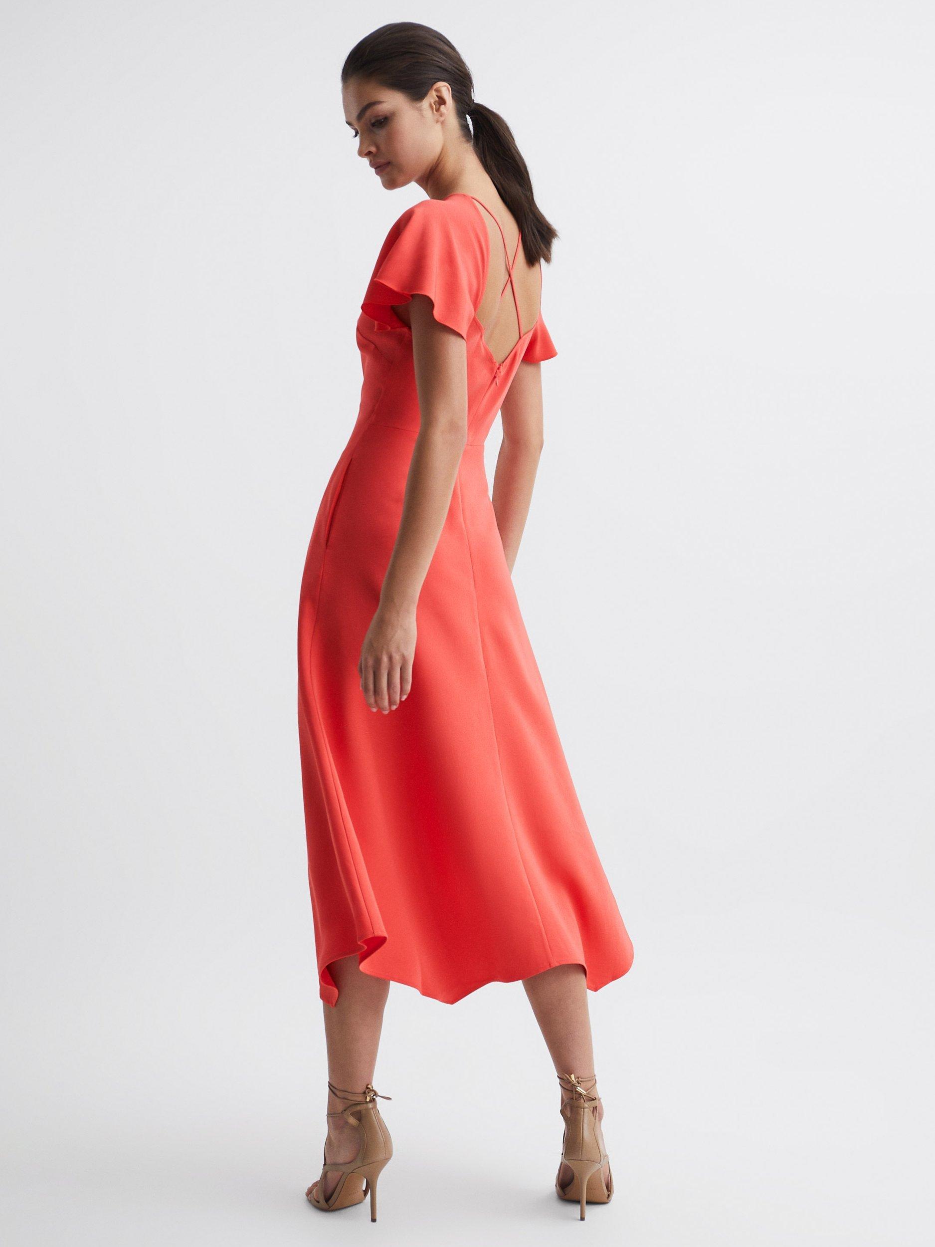 Reiss Petite Eleni Frill Sleeve Midi Dress Coral