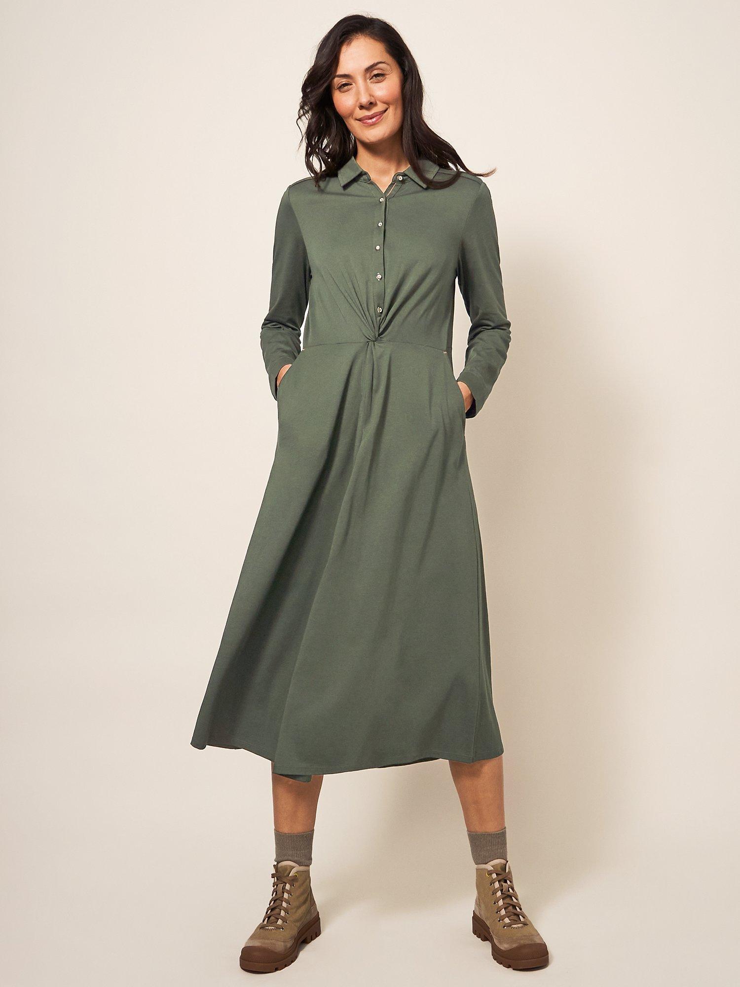 White Stuff Midi Jersey Shirt Dress, Dark Green