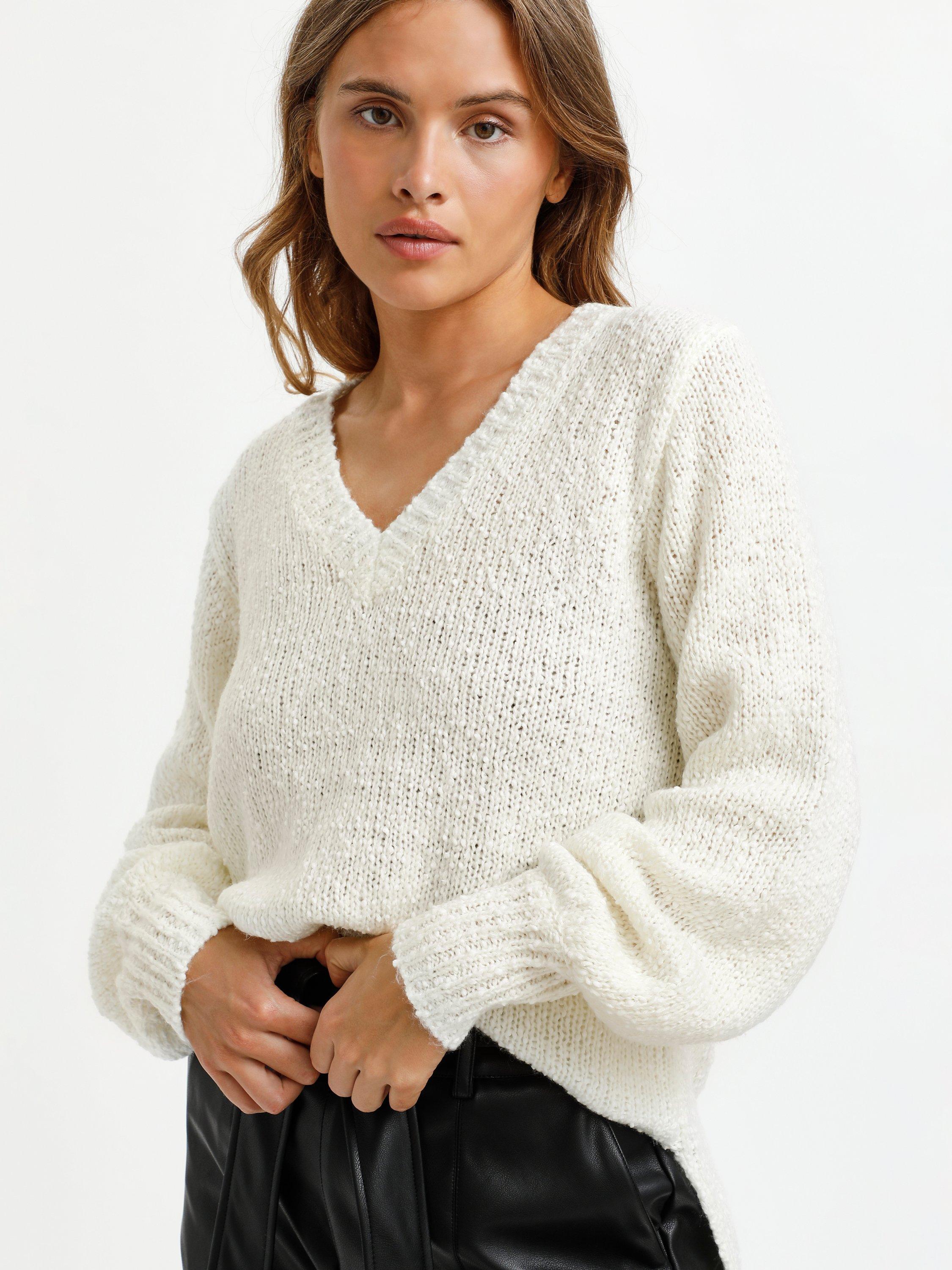 Product image 1 of 5, which shows KAFFE Linana Knitted V-Neck Jumper, Chalk, XS