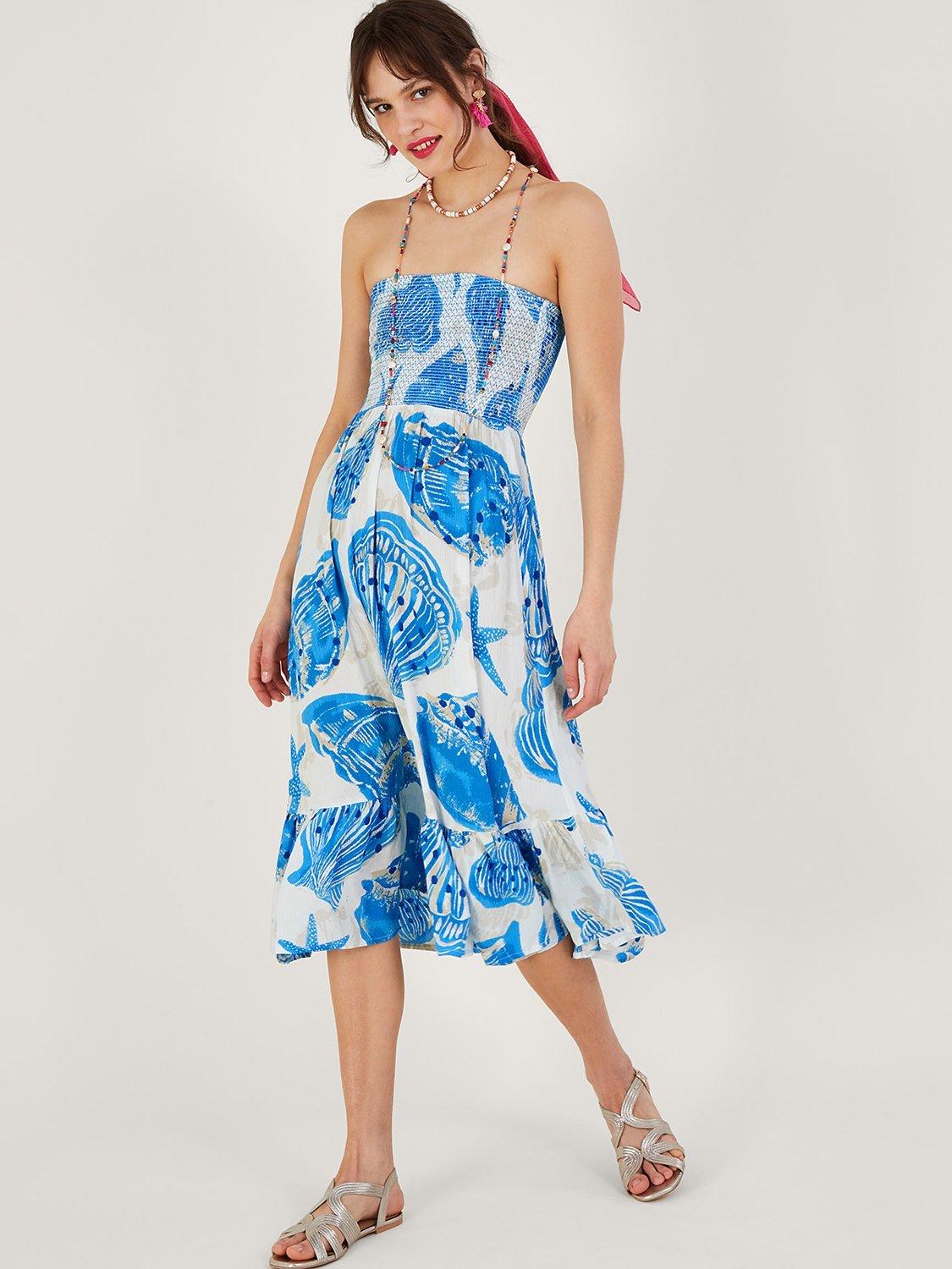 Monsoon Shell Print Bandeau Midi Dress, Ivory/Blue