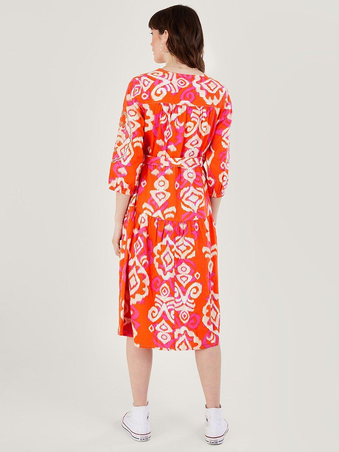 Product image 2 of 5, which shows Monsoon Aspen Linen Blend Wrap Midi Dress, Orange/Multi, 8