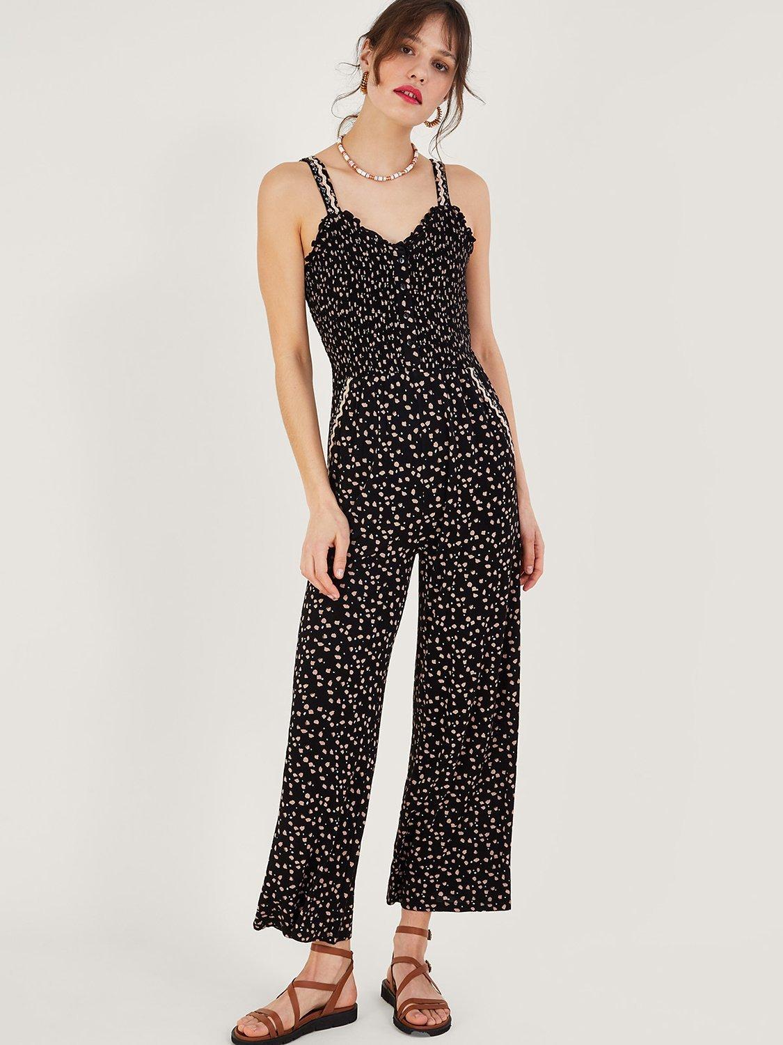 Monsoon Dot Print Shirred Jumpsuit, Black