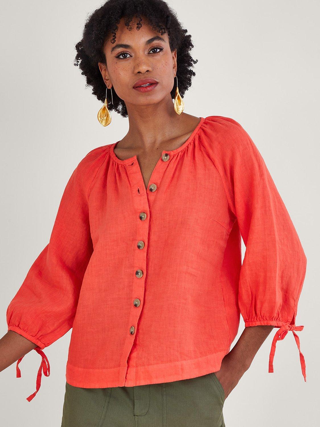 Monsoon Linen Tie Sleeve Blouse, Red