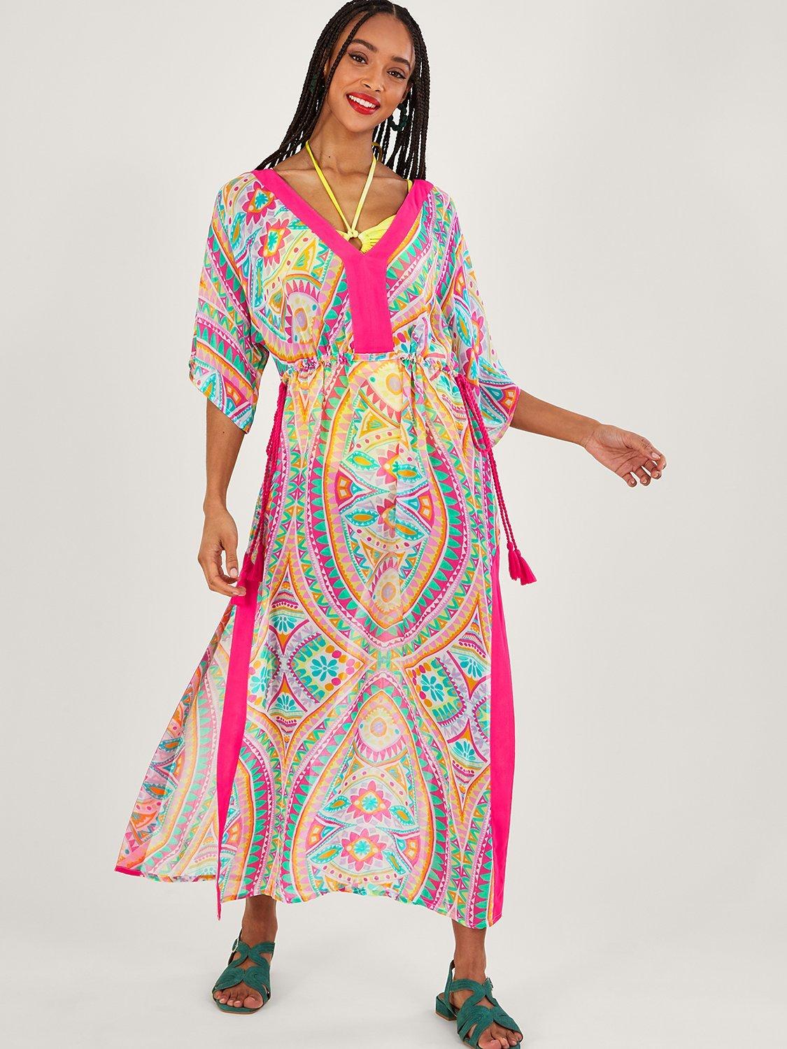 Monsoon Mosaic Print Maxi Kaftan, Pink/Multi