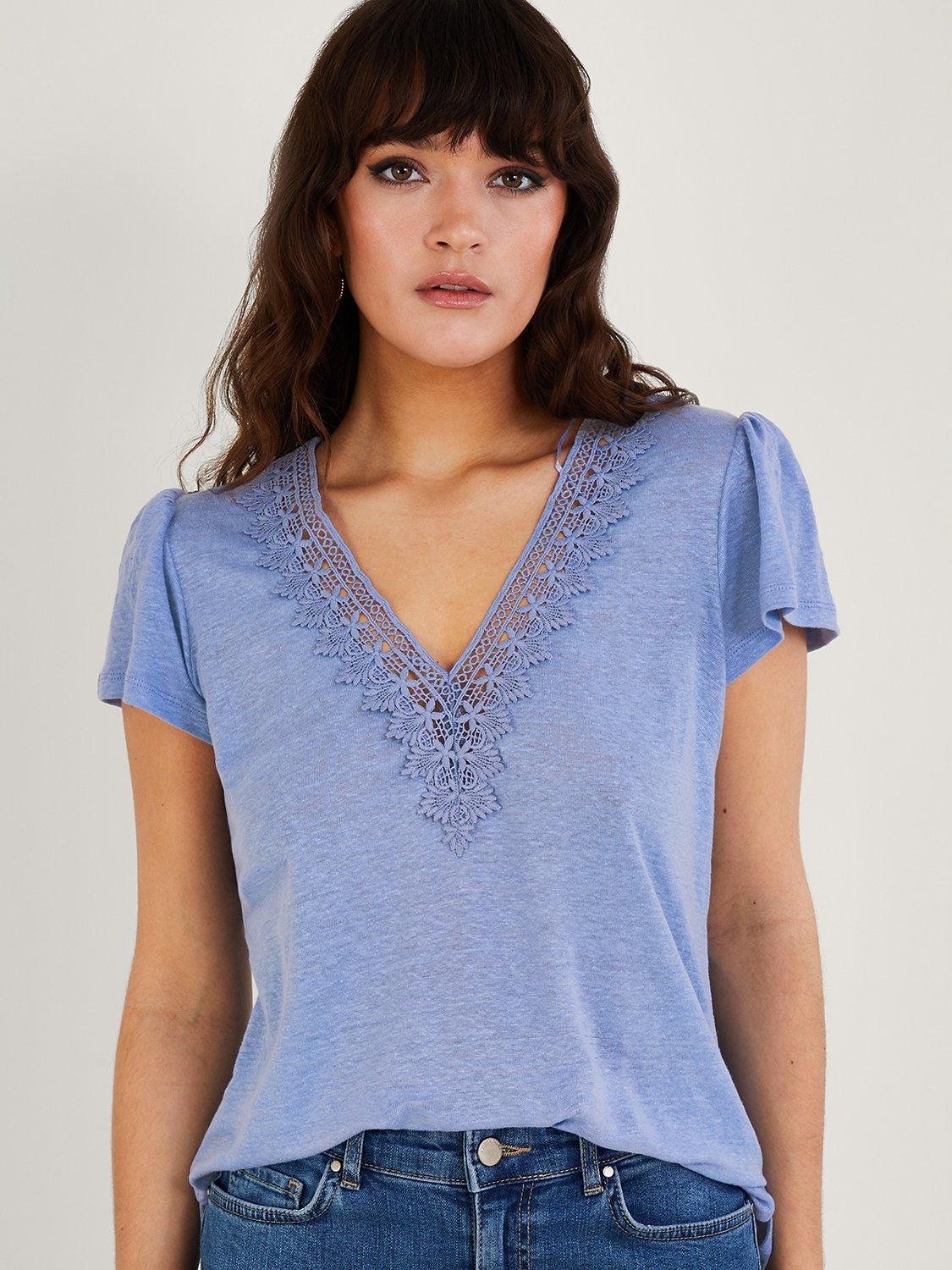 Monsoon Short Sleeve Lace Linen Top, Blue