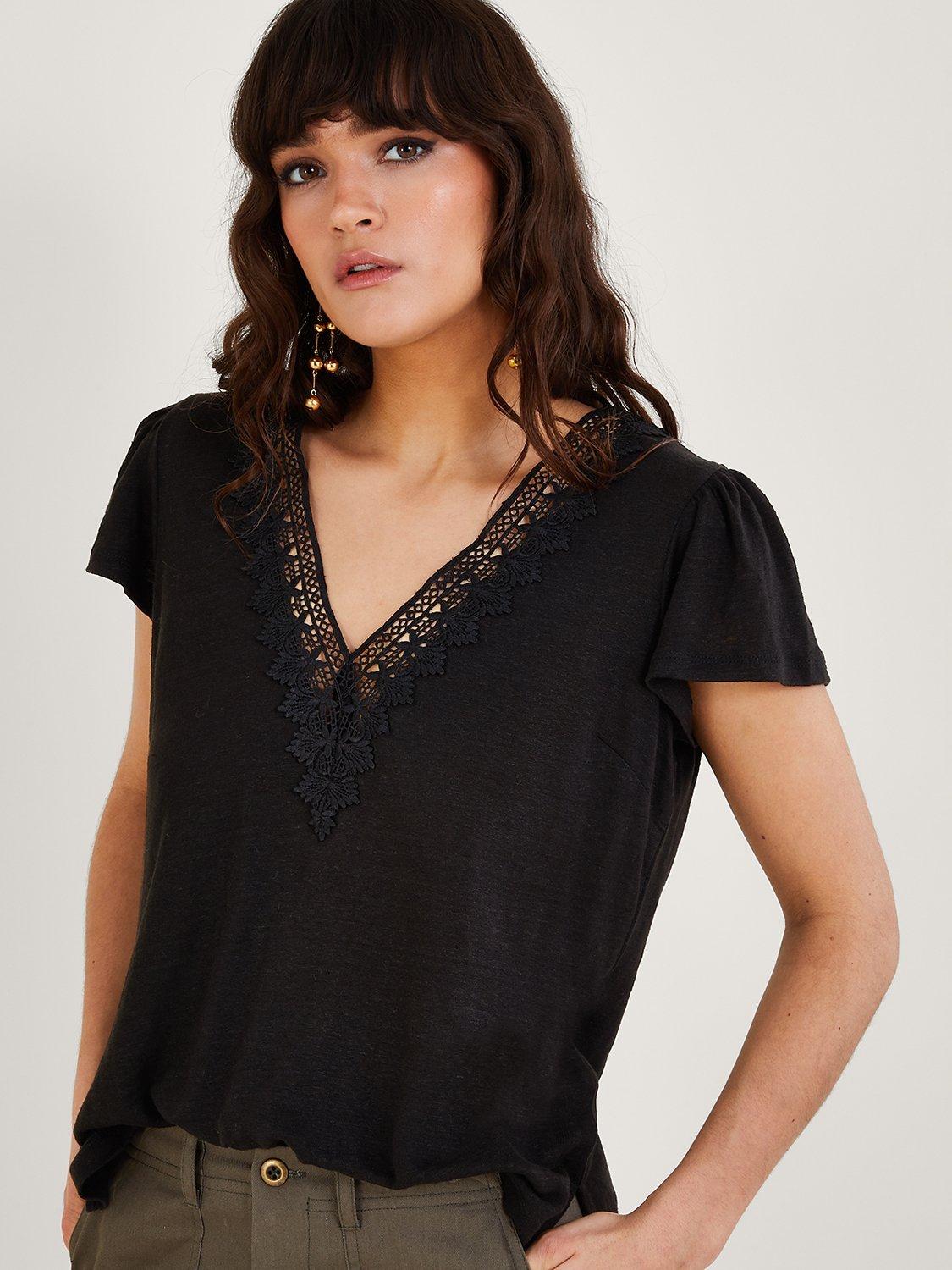 Monsoon Short Sleeve Lace Linen Top, Black