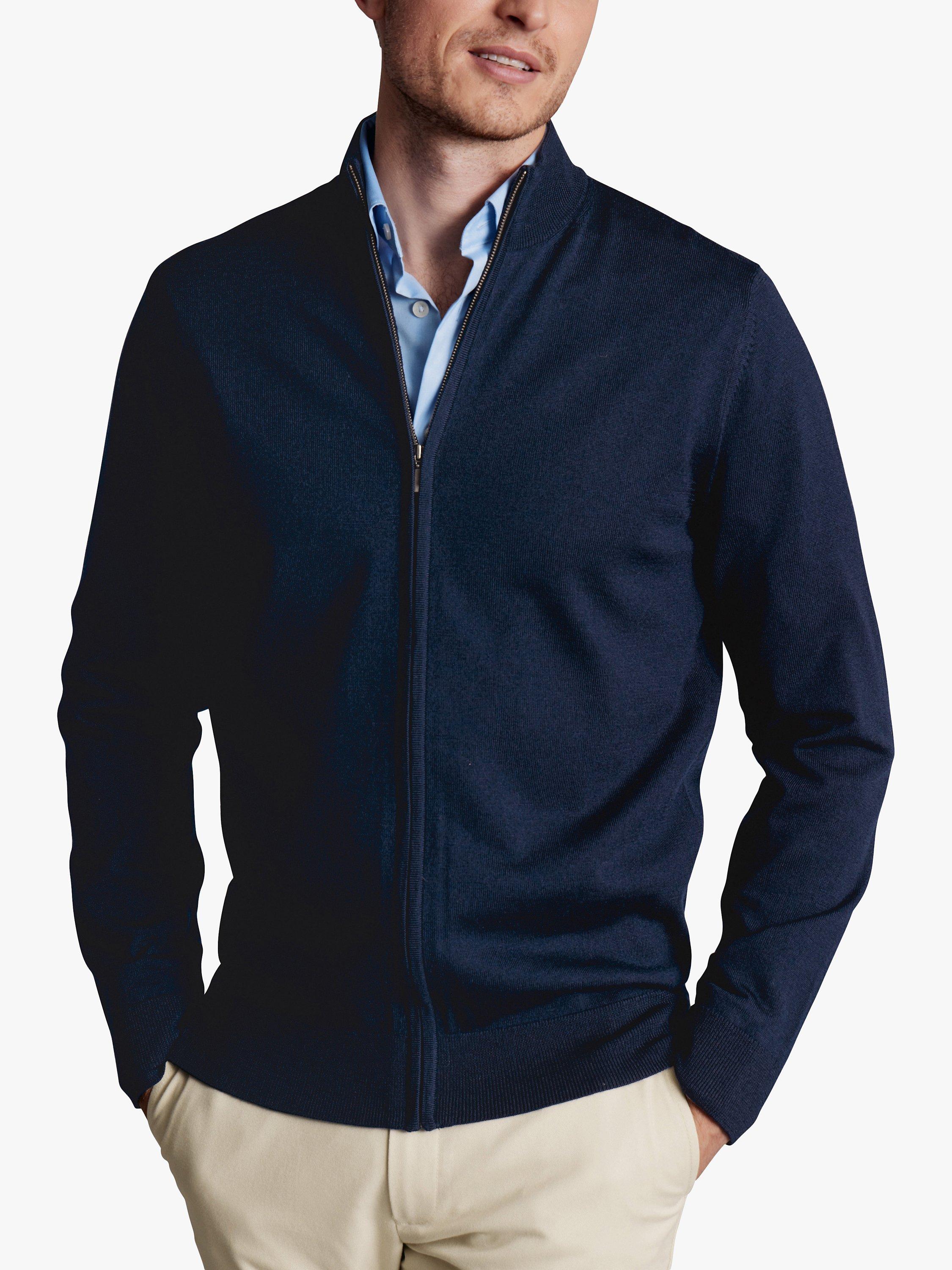 Product image 1 of 6, which shows Charles Tyrwhitt Merino Wool Zip Neck Jumper, Navy, S