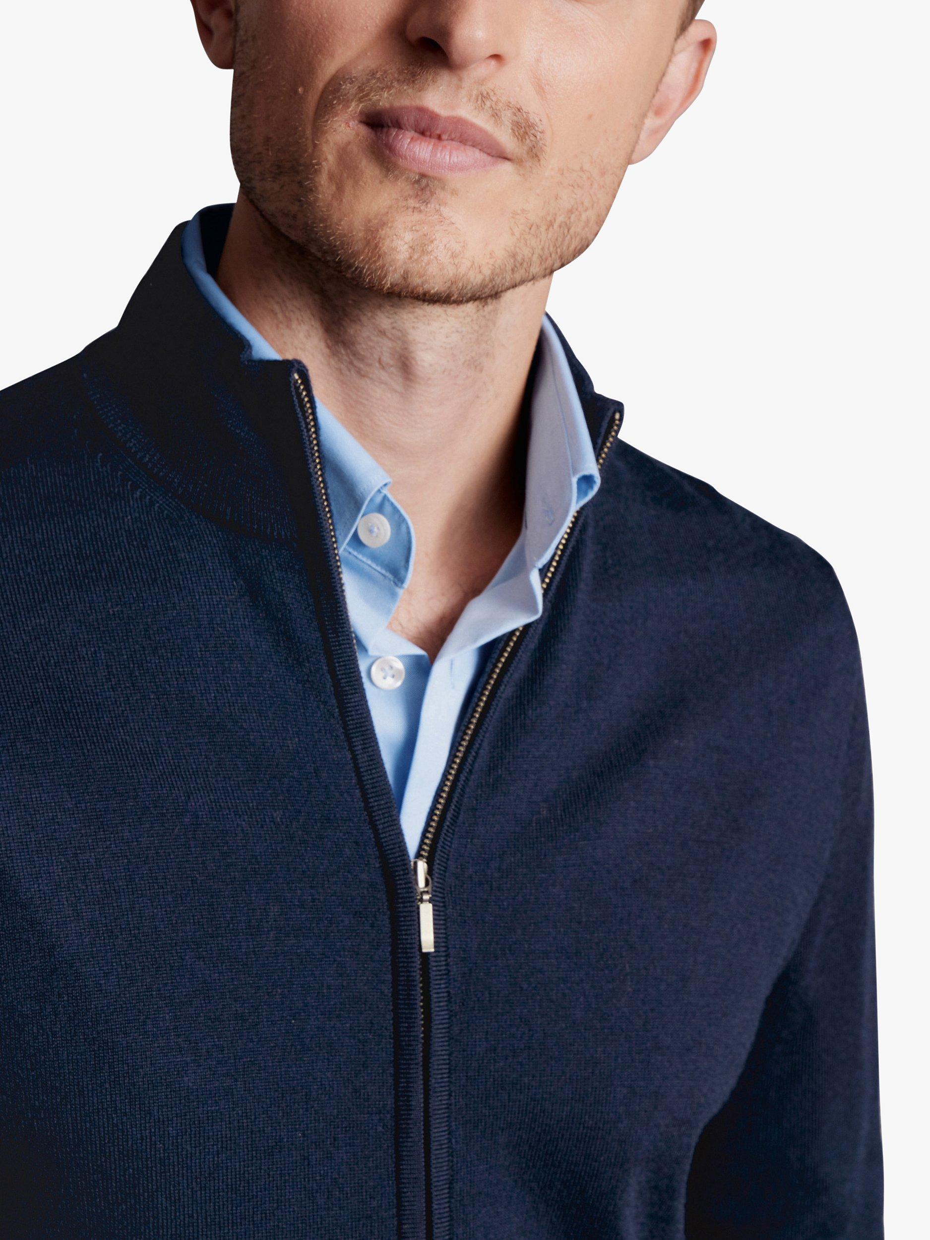 Product image 2 of 6, which shows Charles Tyrwhitt Merino Wool Zip Neck Jumper, Navy, S
