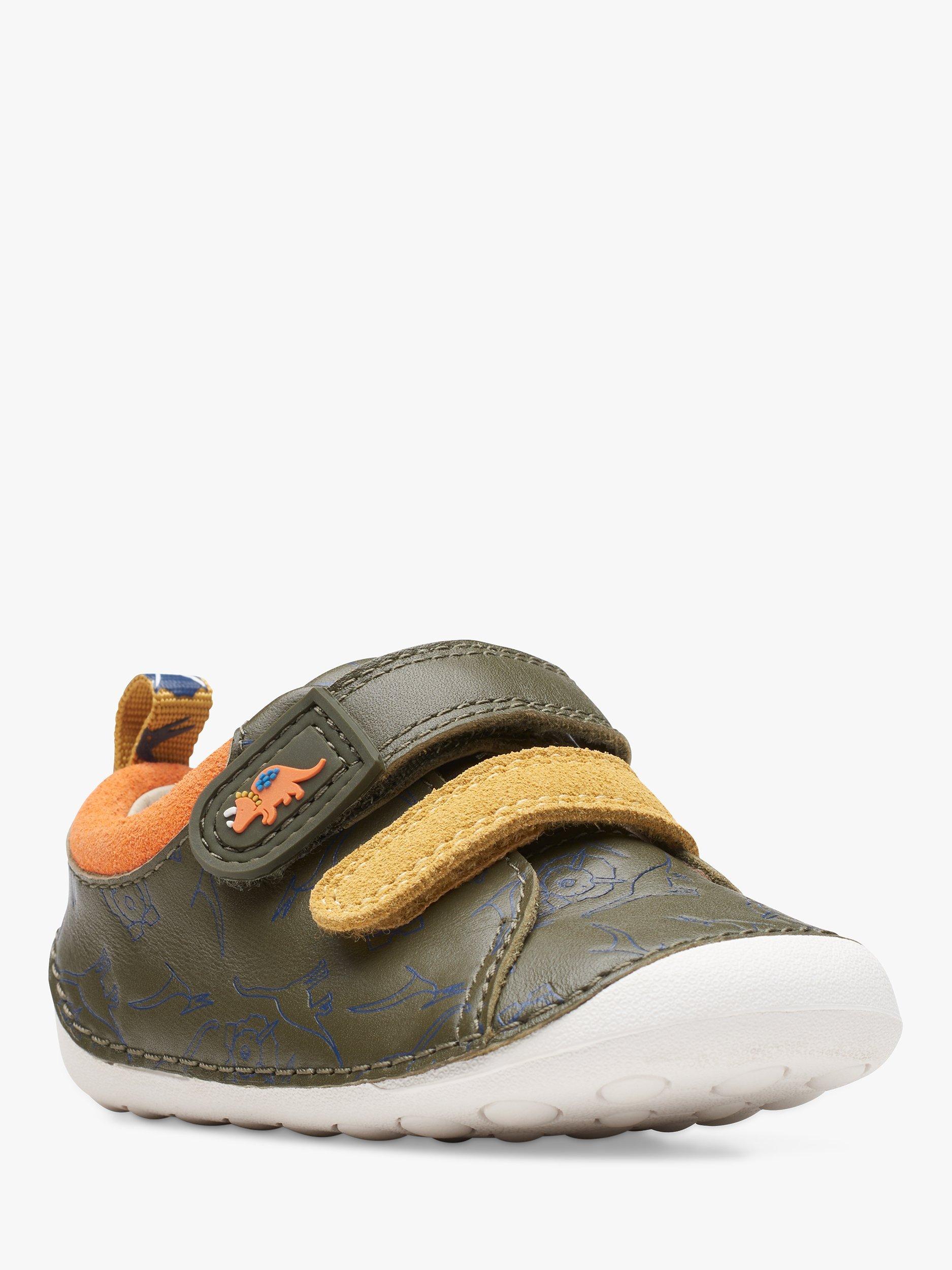 Product image 2 of 7, which shows Clarks Kids' Tiny Rex Leather Pre-Walker Trainers, Khaki, C2G