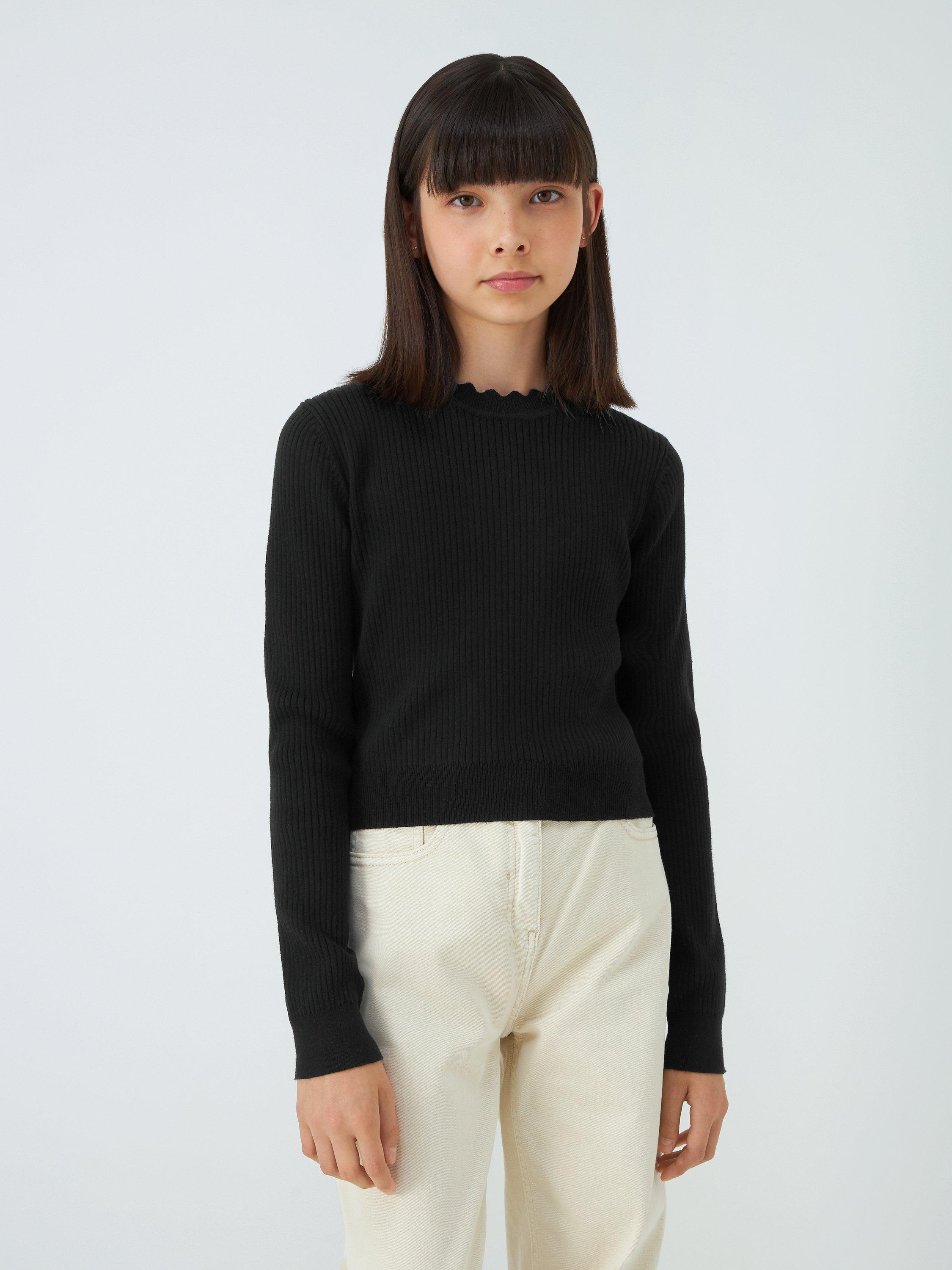 John Lewis Kids' Plain Ribbed Wavy Neck Knit Top, Black
