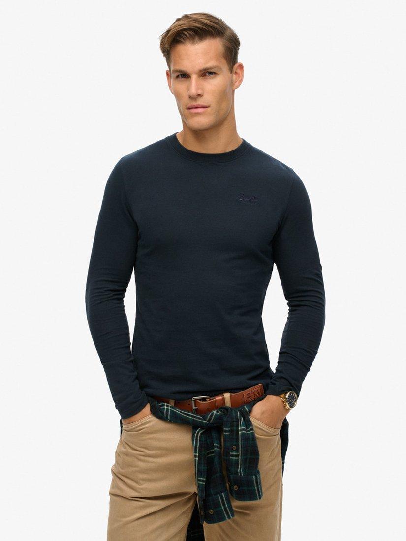 Product image 1 of 7, which shows Superdry Organic Cotton Vintage Logo Long Sleeve Embroidered Top, Eclipse Navy, S
