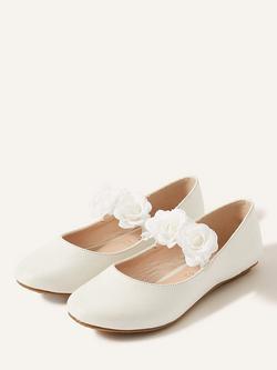 Monsoon Kids' Shimmer Corsage Ballerina Flat Shoes, Ivory, Ivory