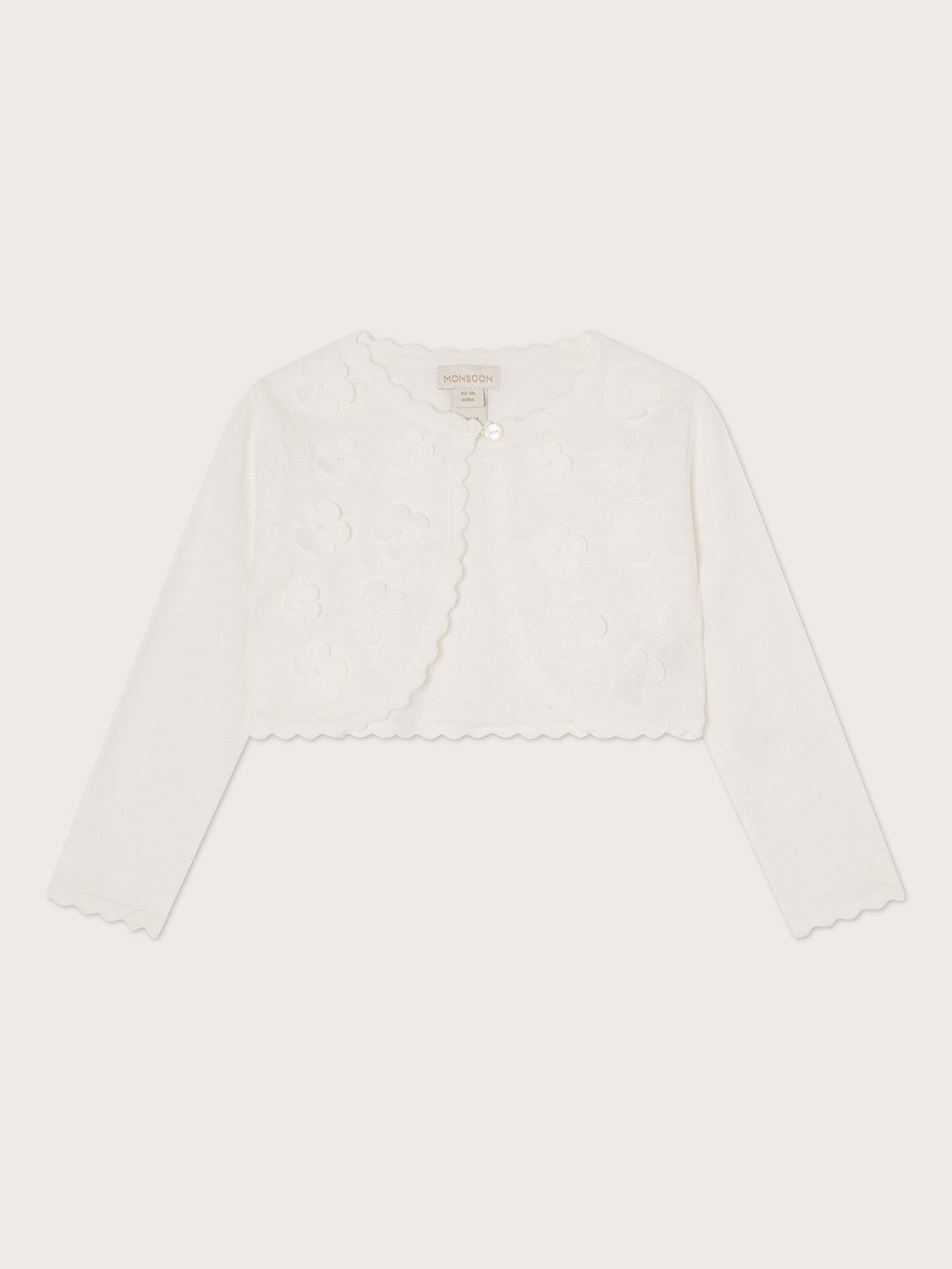 Product image 1 of 3, which shows Monsoon Kids' 3D Petal Cardigan, Ivory, 3-4 years
