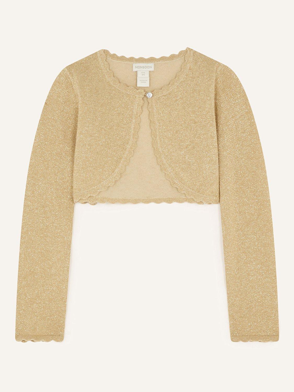 Product image 1 of 3, which shows Monsoon Kids' Niamh Cardigan, Gold, 11-12 years