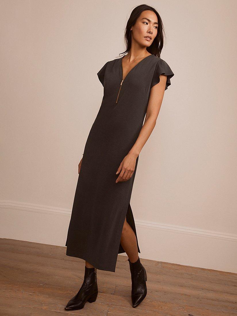 Mint Velvet Zip Midi Dress, Green Khaki