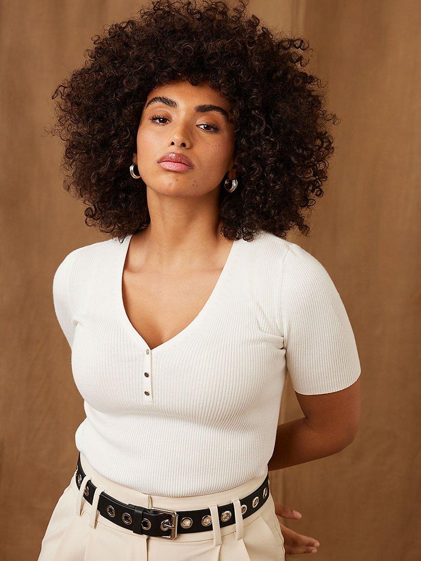 Mint Velvet Button Detail T-Shirt, White Ivory, XS