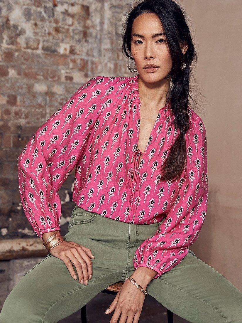 Mint Velvet Celia Print Tied Blouse, Pink