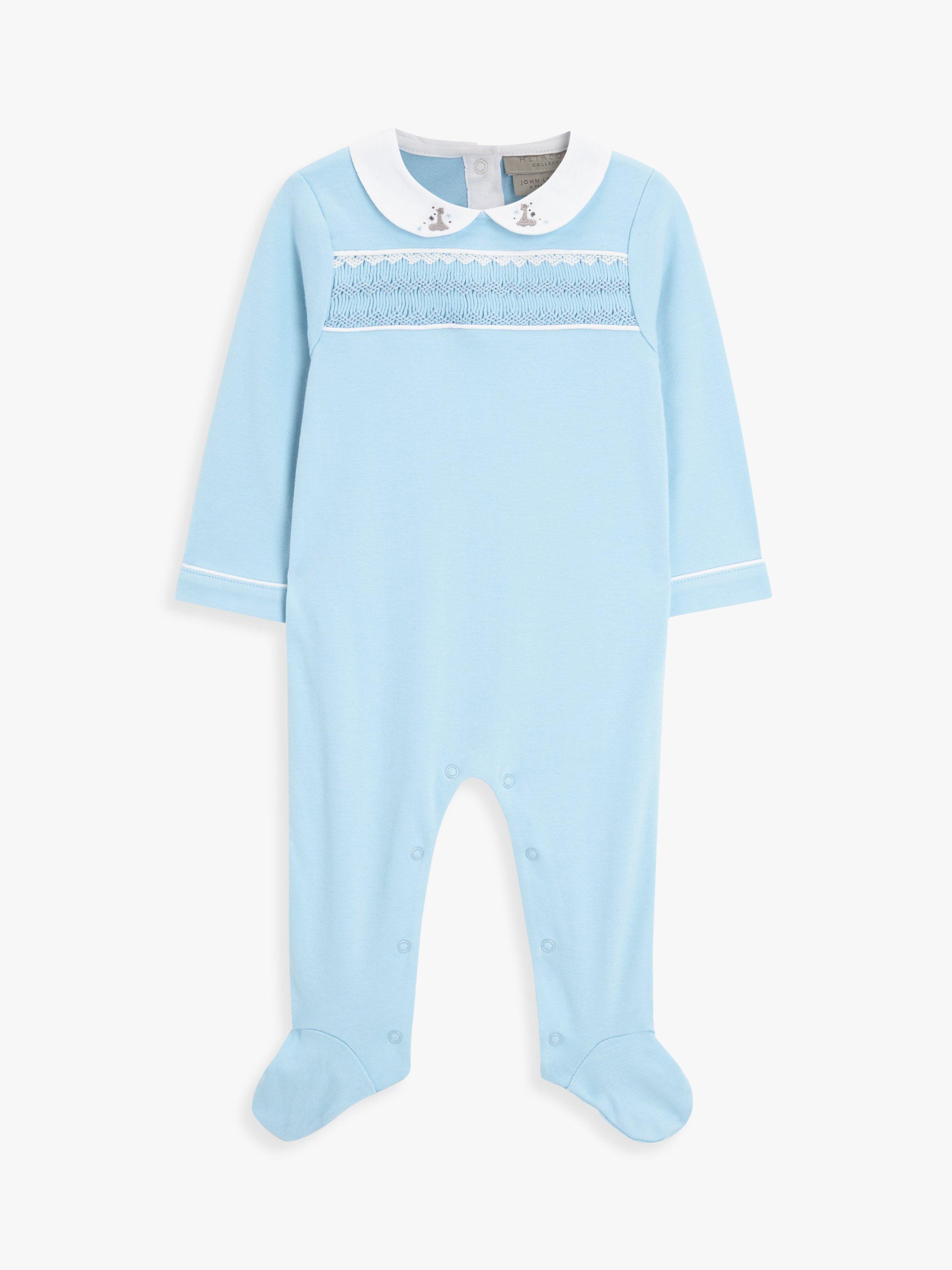 John Lewis Heirloom Collection Baby Pima Cotton Smocked Sleepsuit Blue