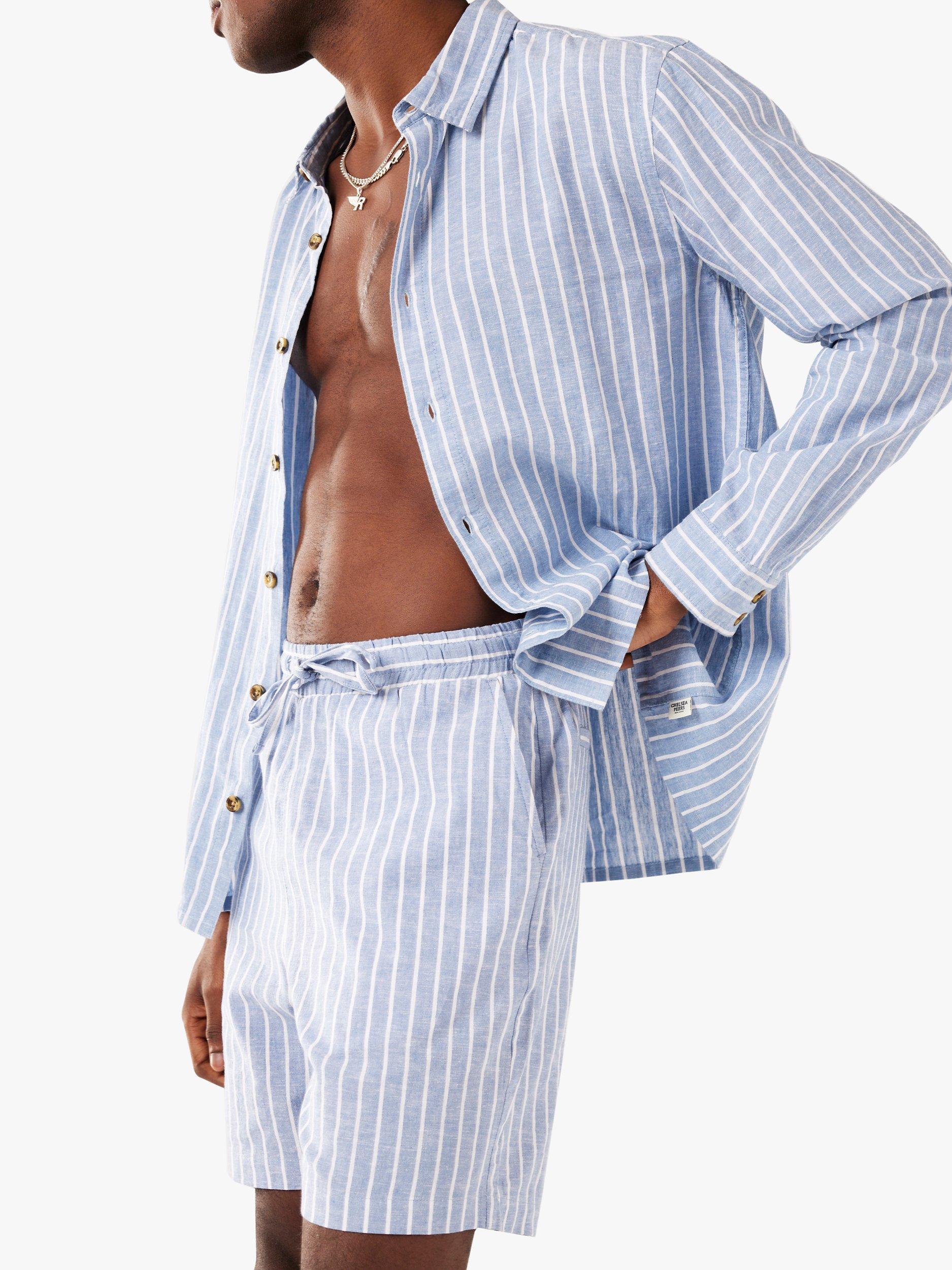 Chelsea Peers Stripe Linen Blend Drawstring Shorts, Blue