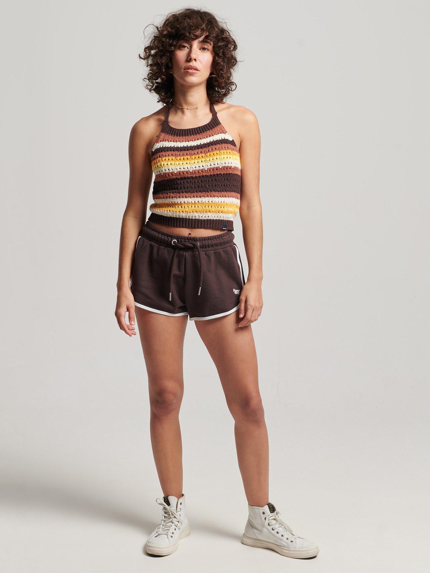 Superdry Vintage Jersey Racer Shorts, Brown/Optic White, 12
