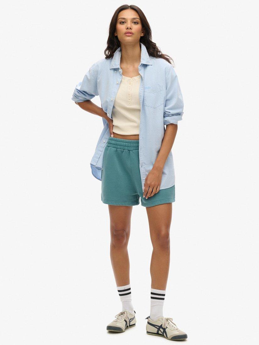 Product image 1 of 8, which shows Superdry Logo Velour Shorts, Hydro Dark Turquoise, 8