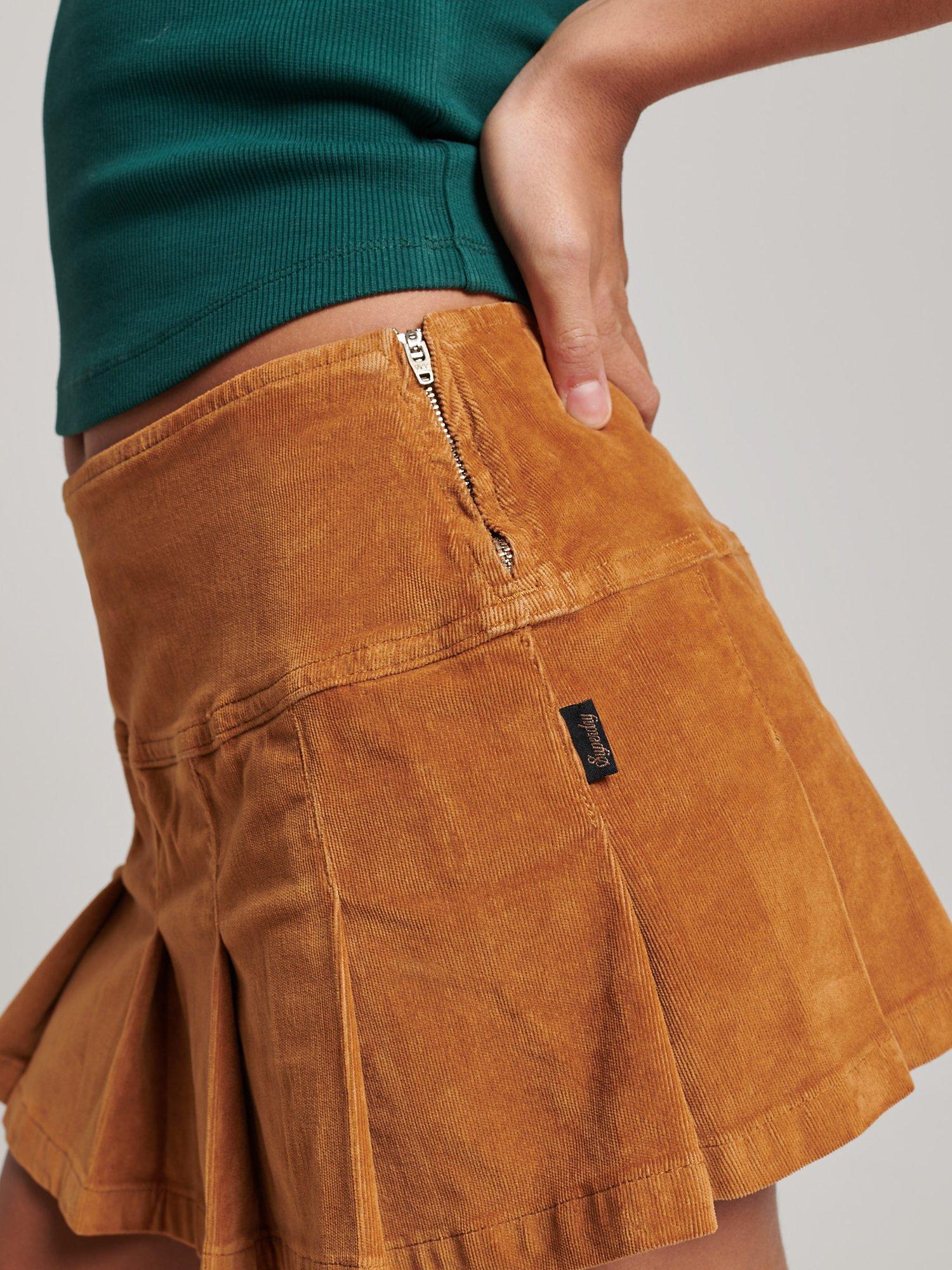 Product image 3 of 3, which shows Superdry Vintage Pleated Cord Mini Skirt, Caramel Café, 6