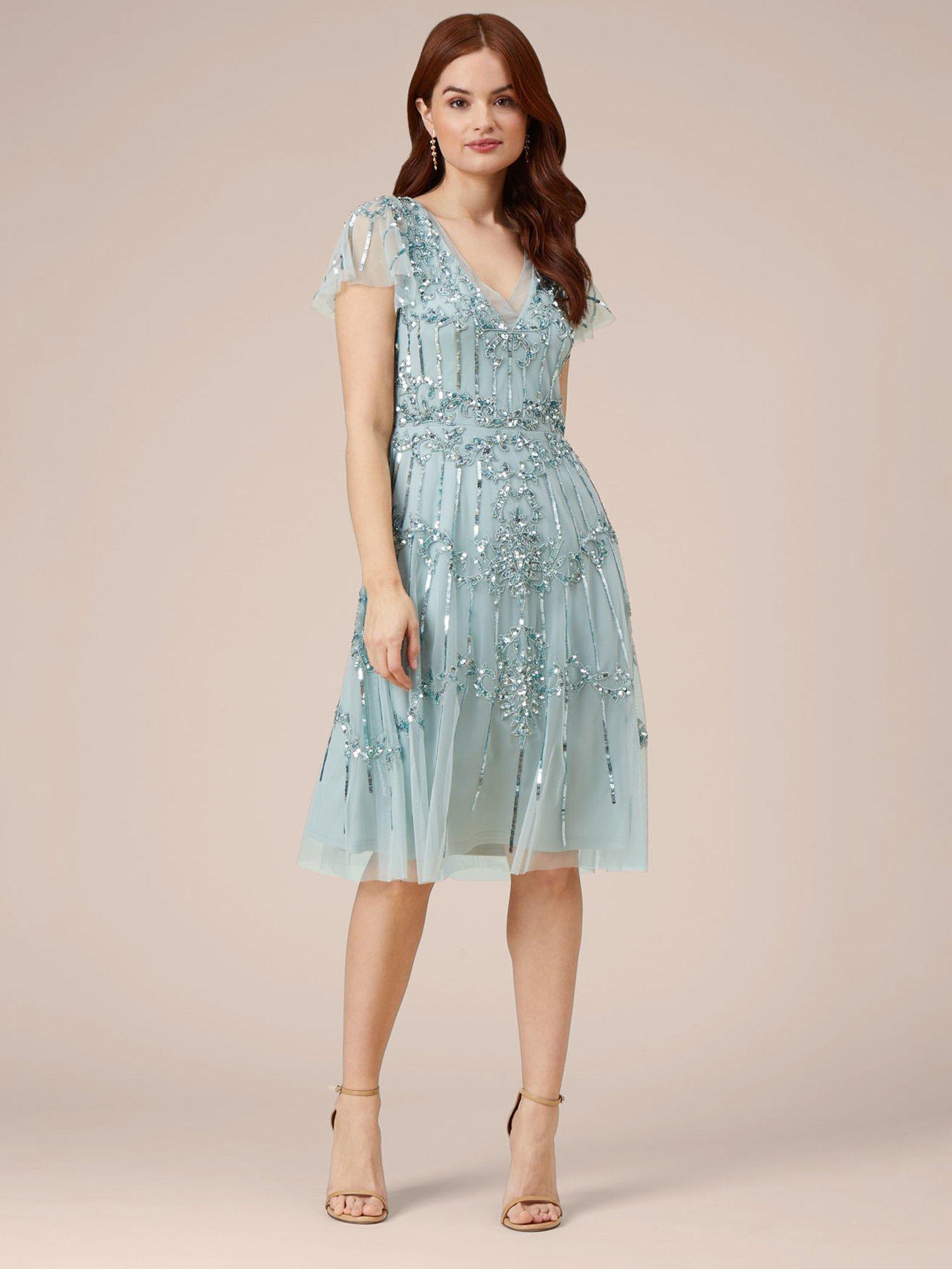 Adrianna Papell Beaded Midi Flutter Dress, Aqua Dust