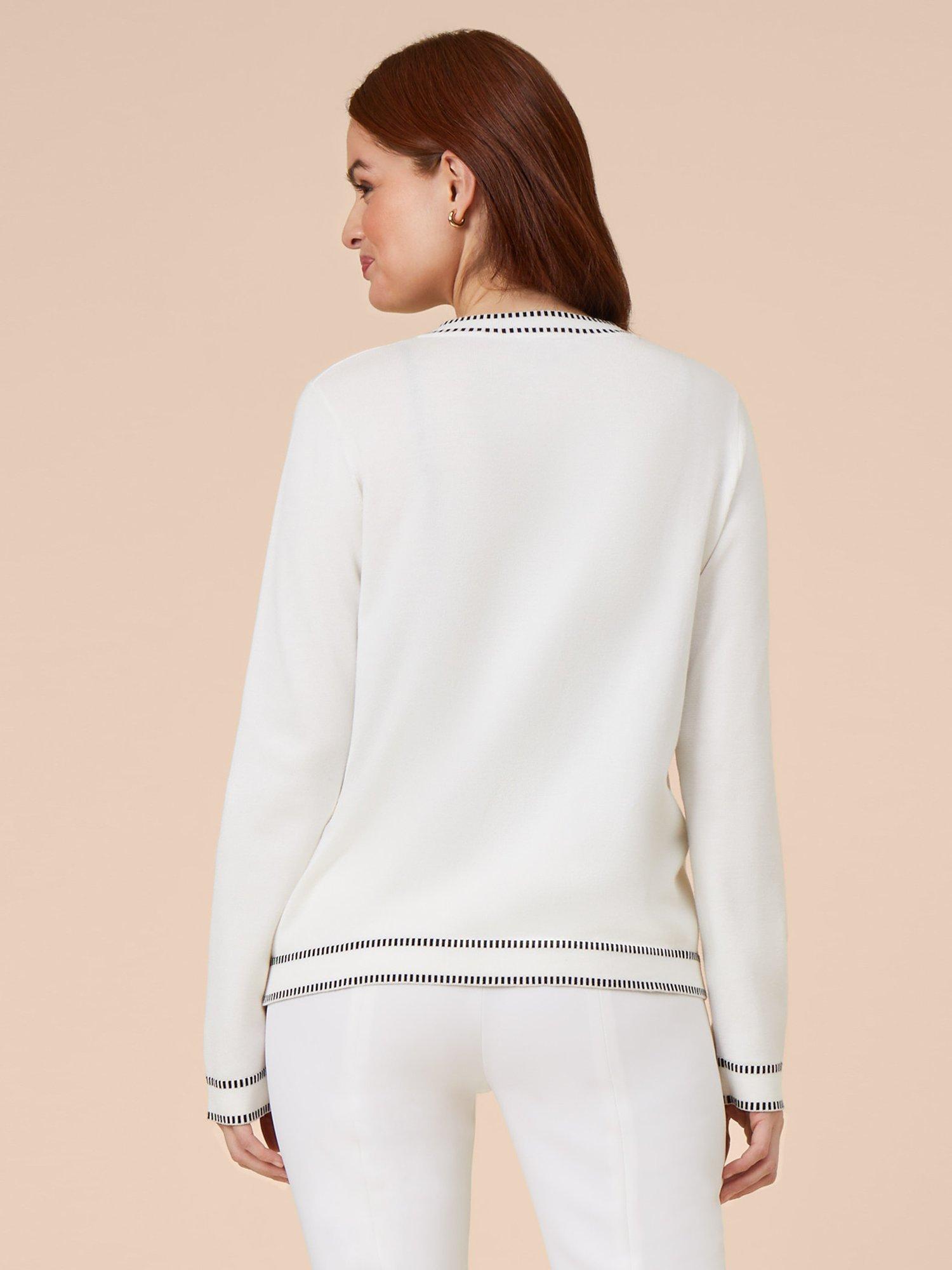 Product image 2 of 6, which shows Adrianna Papell Contrast Trim Crew Neck Cardigan, Ivory/Black, L