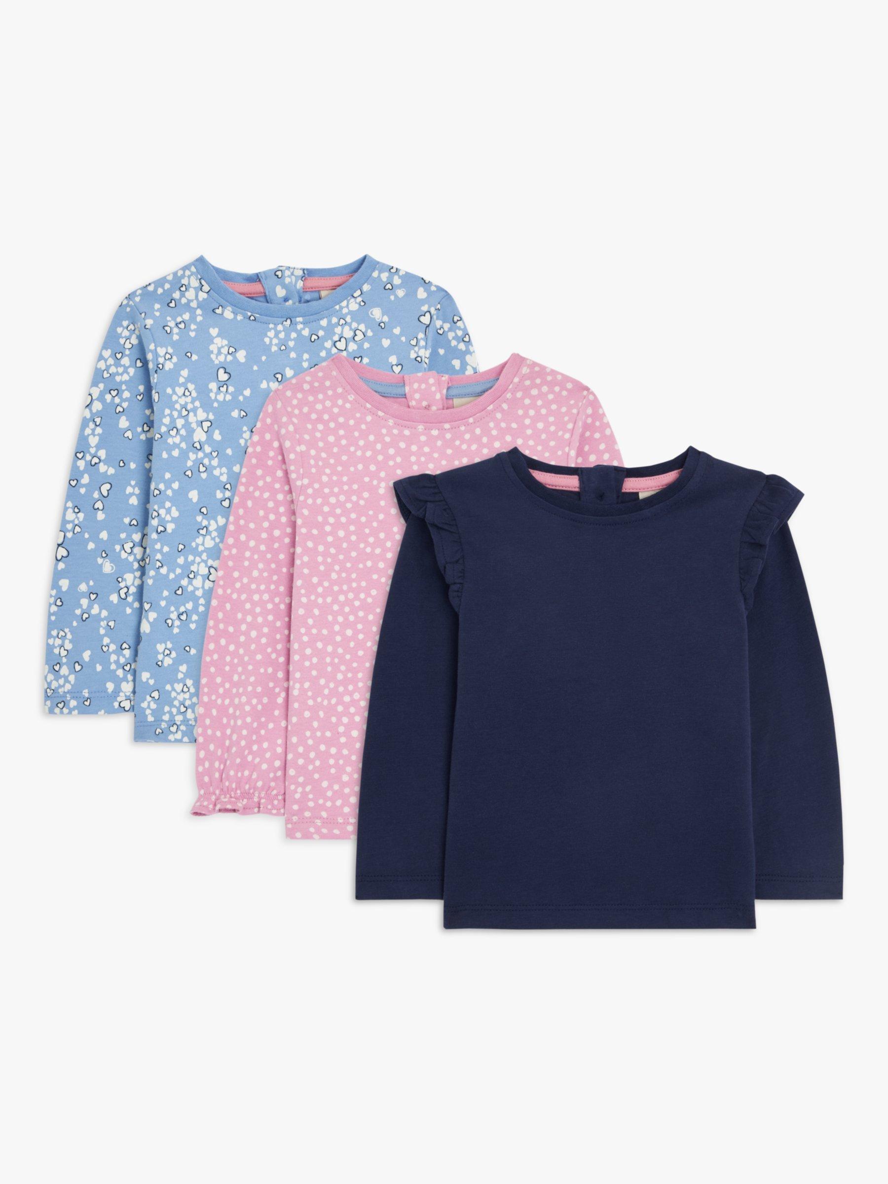 John Lewis Baby Ditsy Heart Spot Plain Long Sleeve Top, Pack of 3, Multi