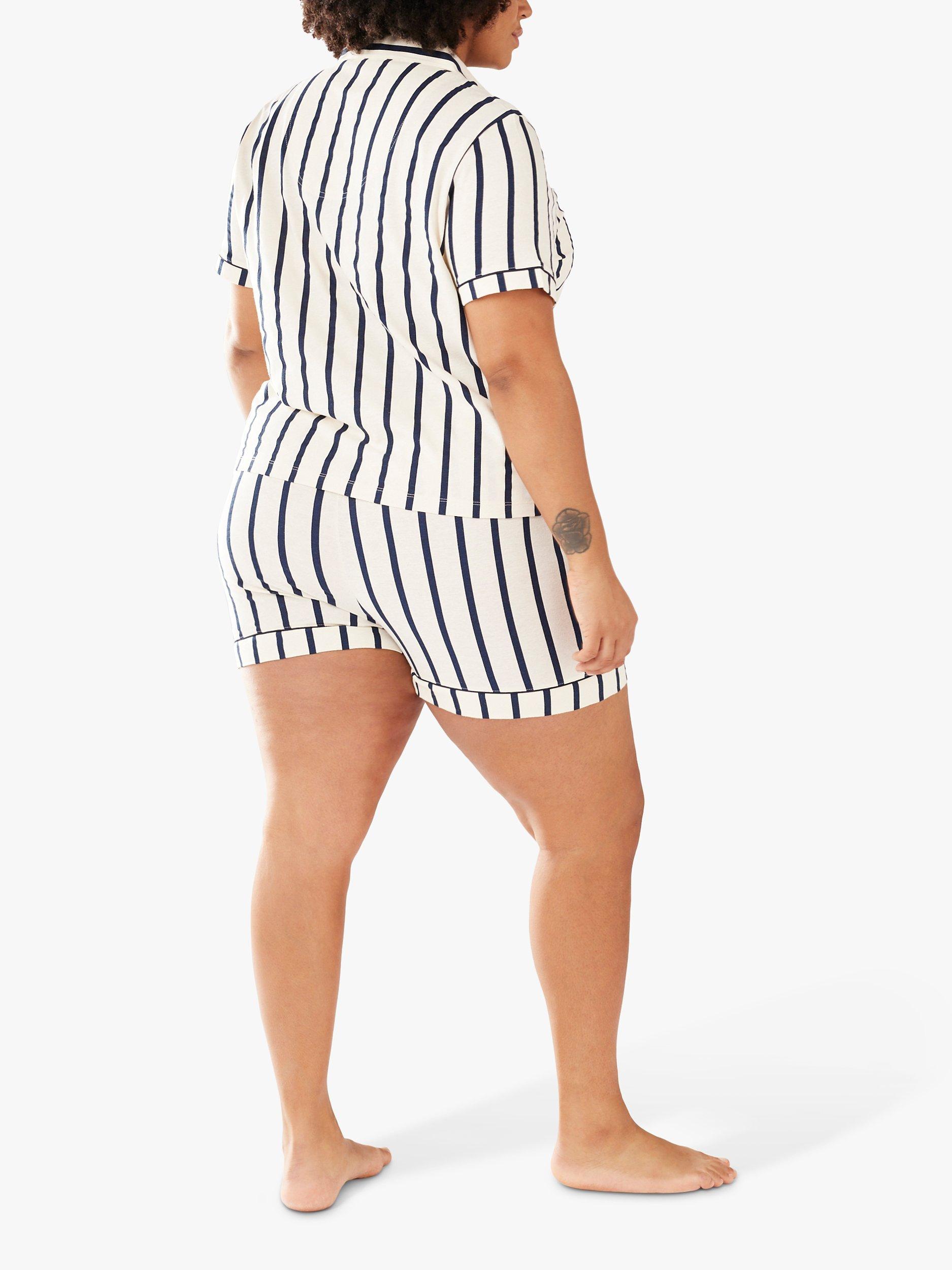 Product image 3 of 6, which shows Chelsea Peers Curve Organic Cotton Stripe Short Pyjama Set, Navy, 20