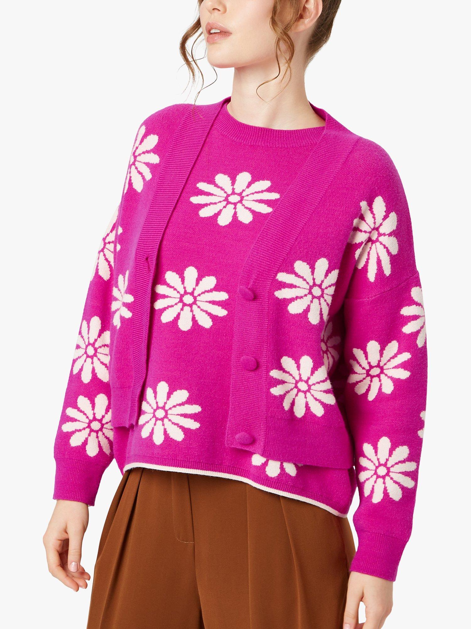 Product image 3 of 4, which shows James Lakeland Flower Detail Buttoned Cardigan, Fuchsia/White, 16