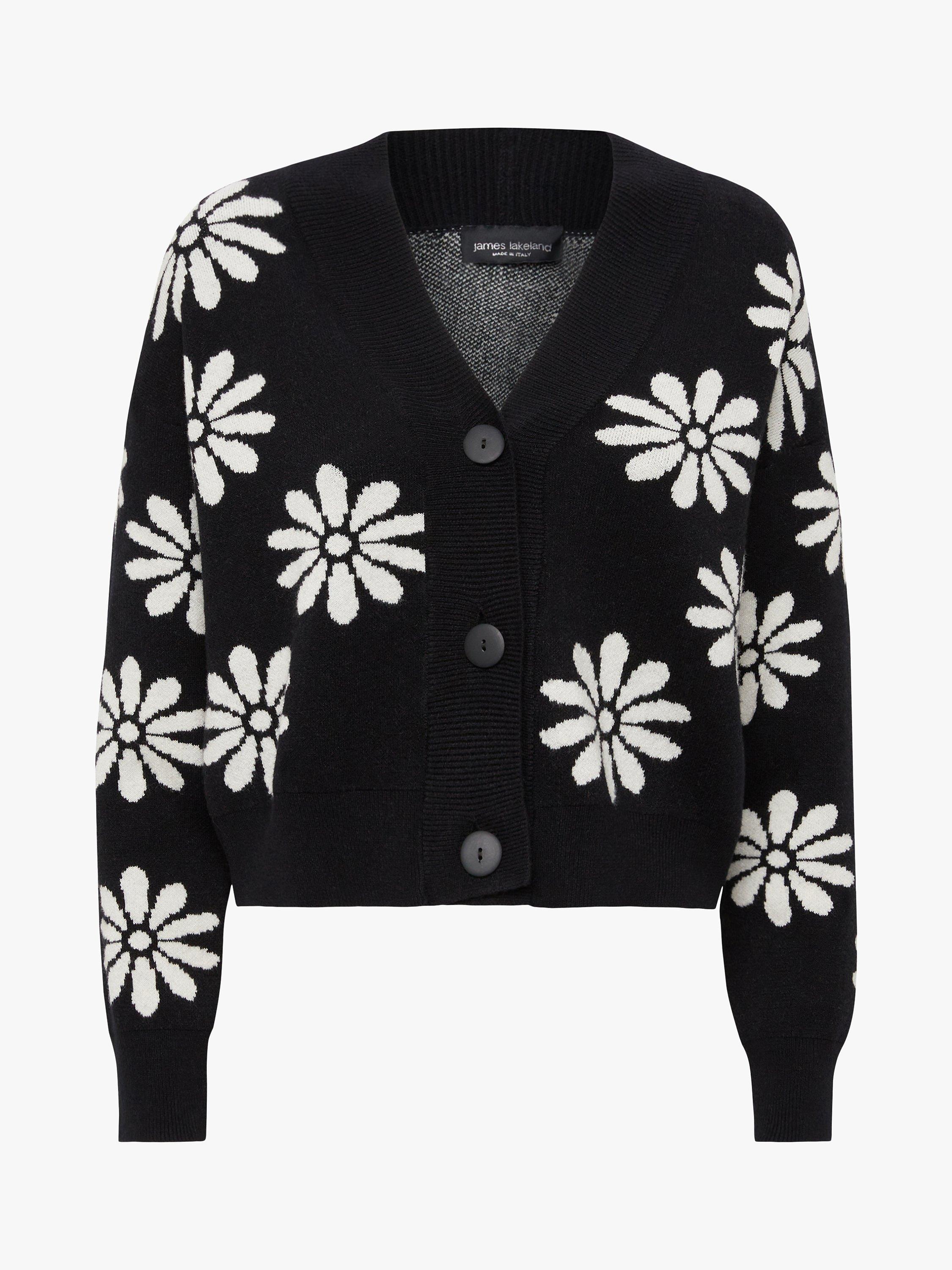 Product image 4 of 4, which shows James Lakeland Flower Detail Buttoned Cardigan, Black/White, 16