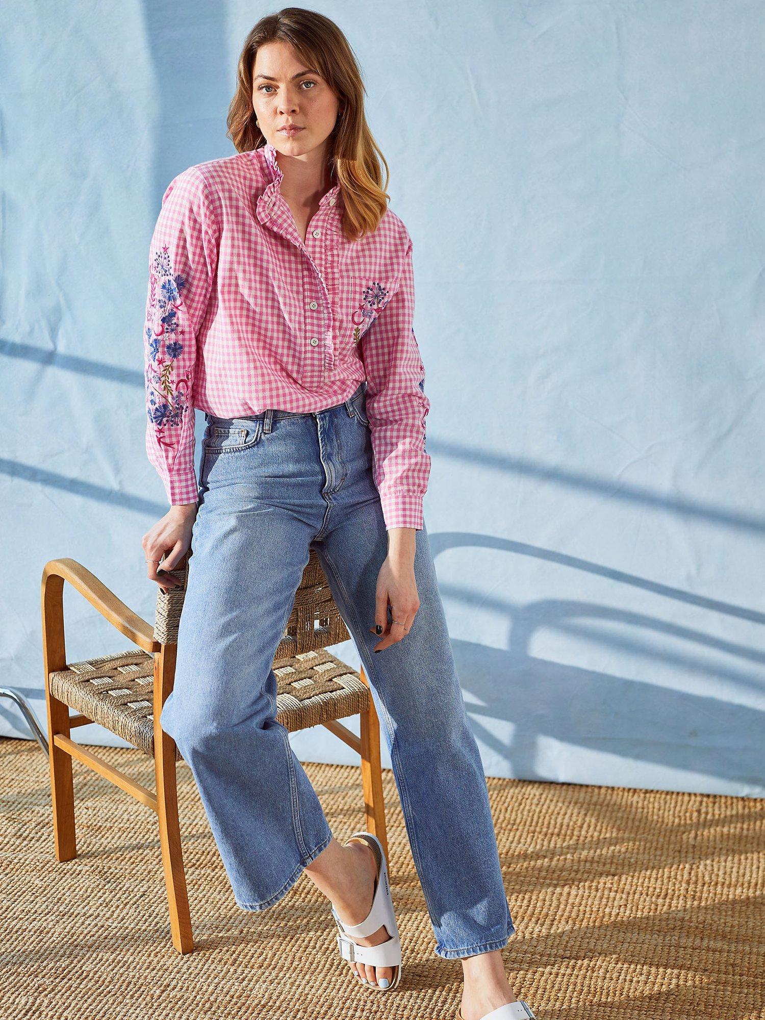 Cape Cove Embroidered Gingham Blouse, Pink, XS