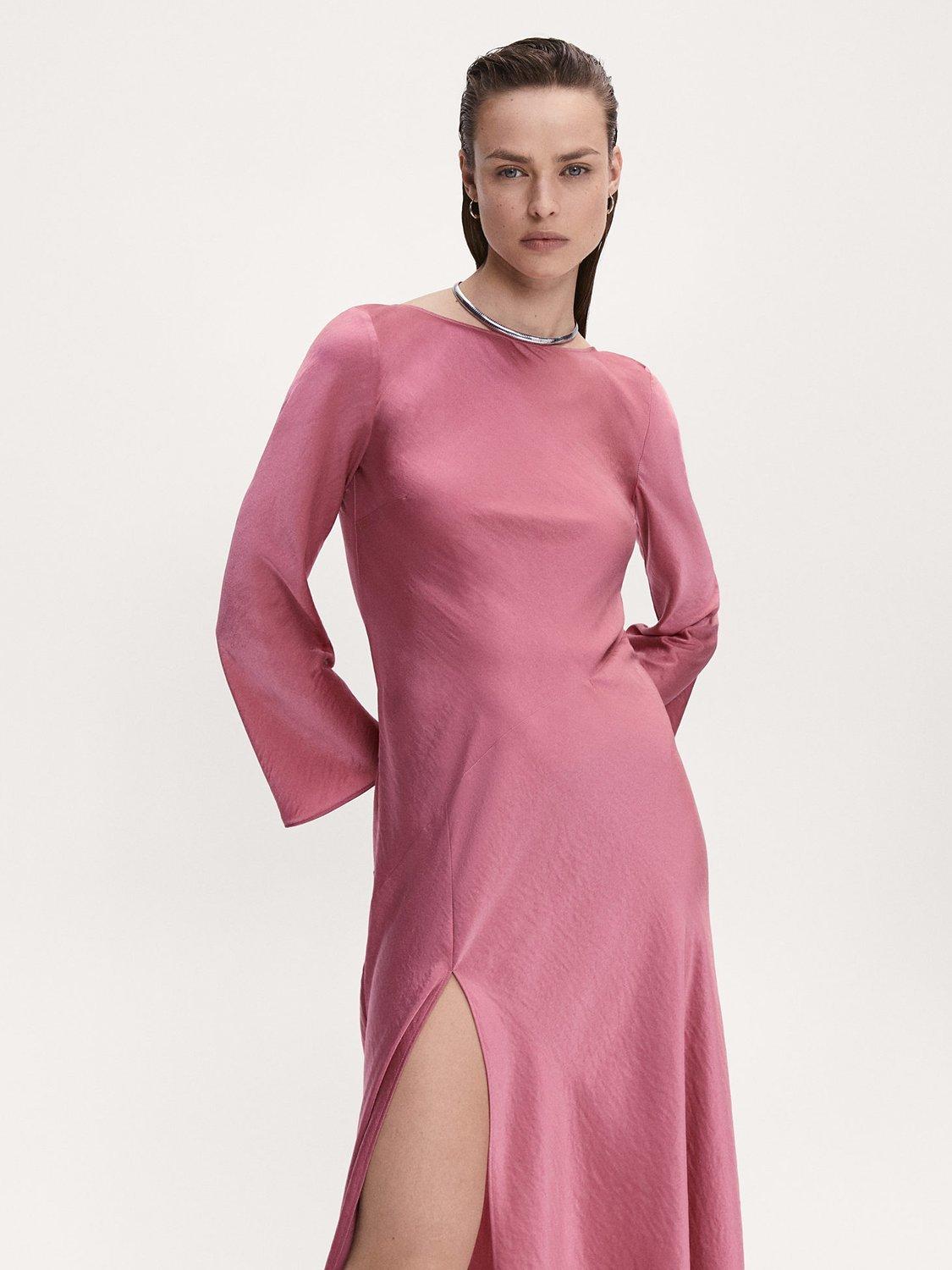 Mango Ava Side Slit Satin Dress, Pink