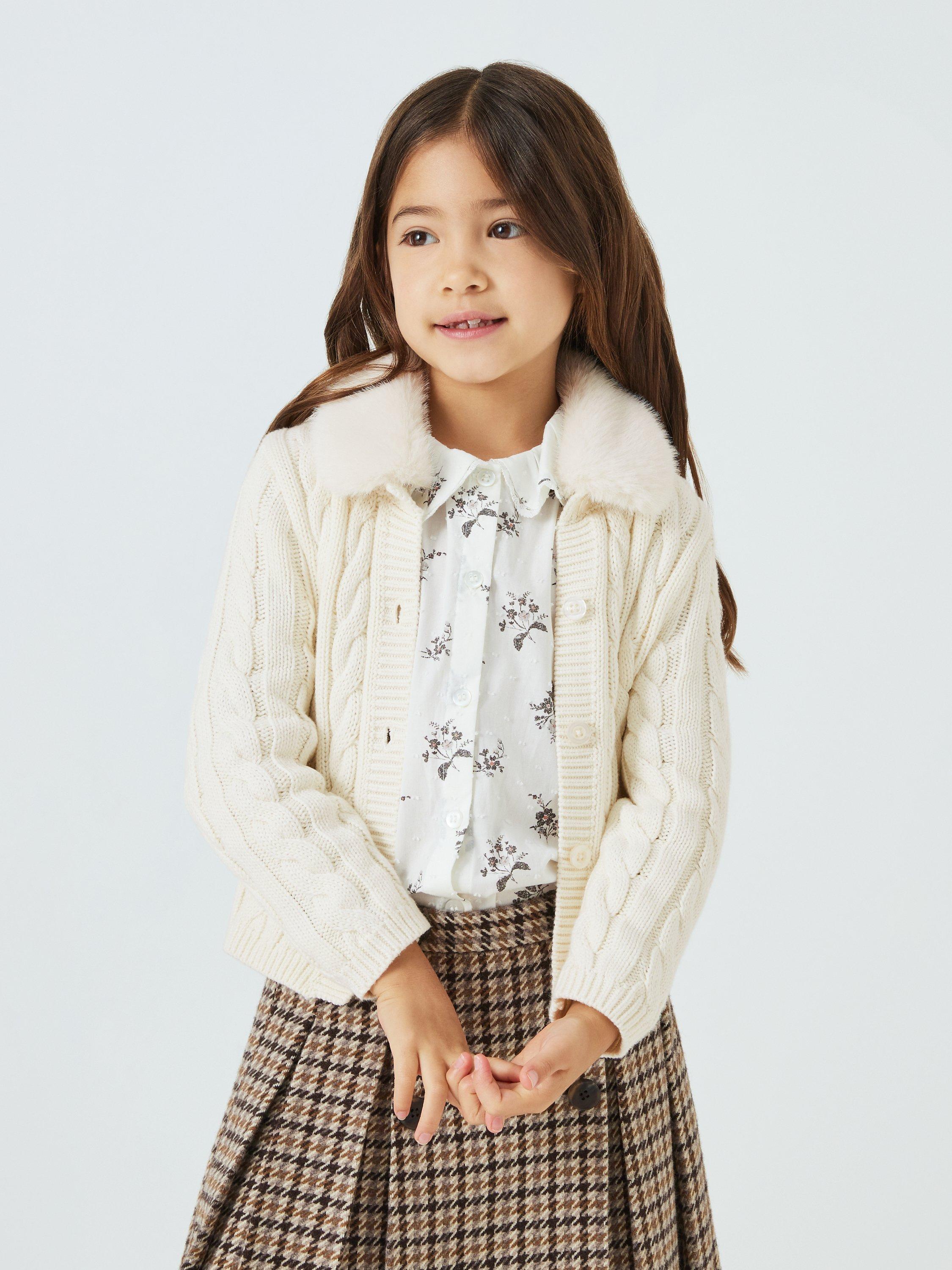 John Lewis Heirloom Collection Kids' Cable Knit Faux Fur Collar Cardigan, Cream