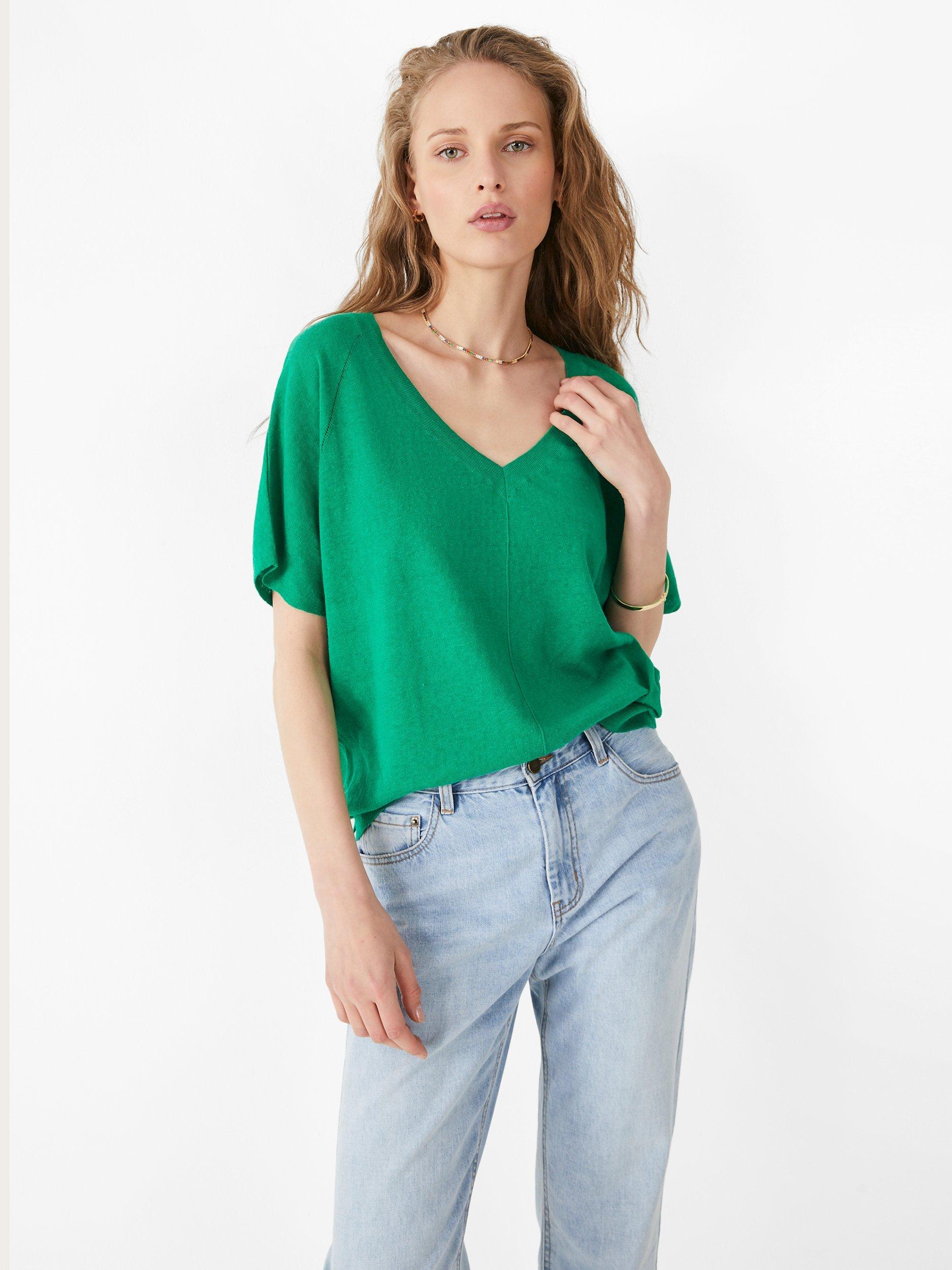 HUSH Linen Blend Deep V-Neck T-Shirt, Green