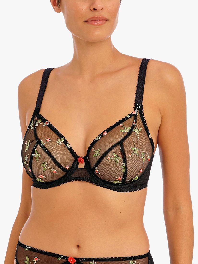 Freya Embroidered Rose Blossom Plunge Bra, Black
