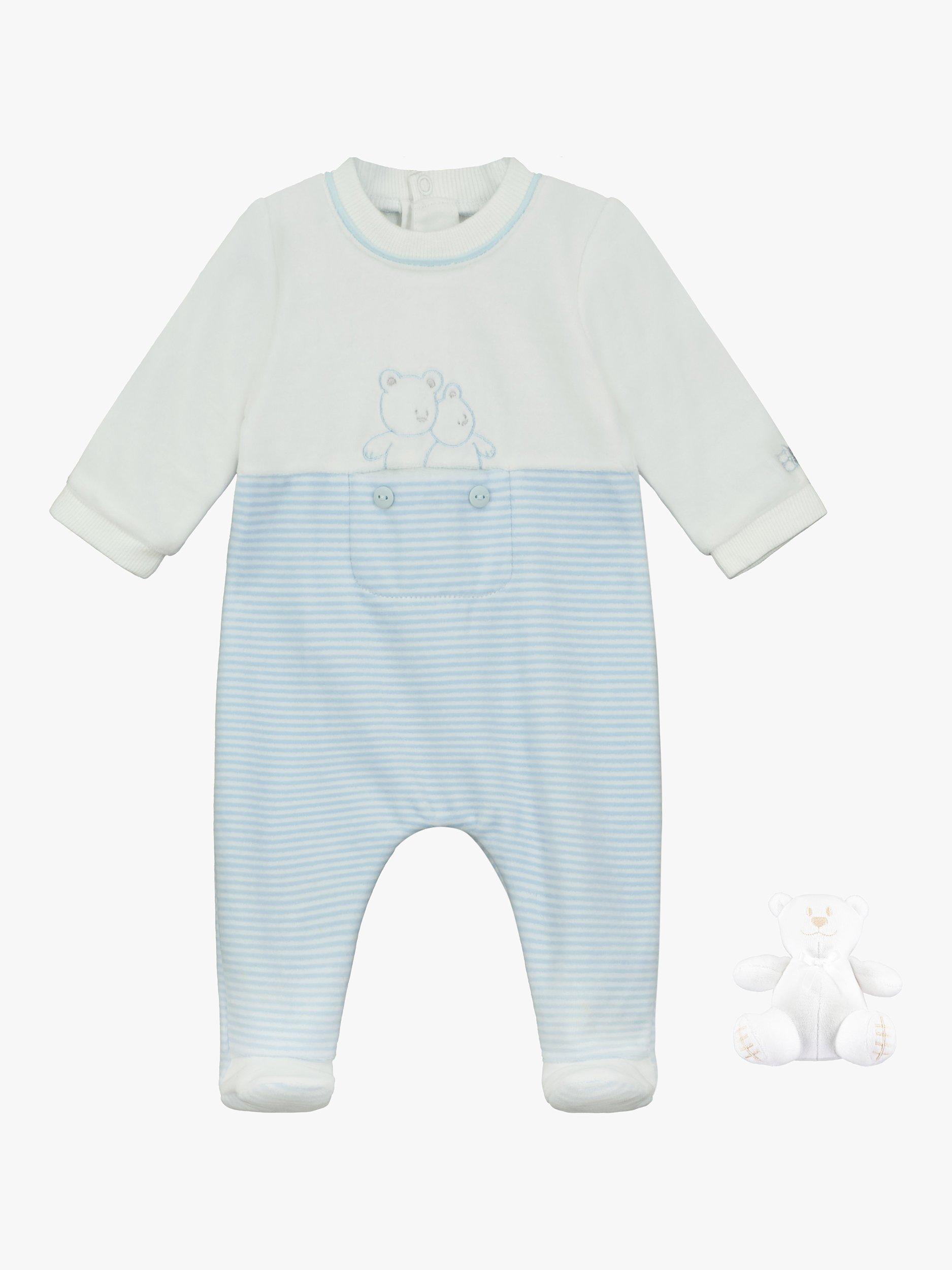 Emile et Rose Baby Emerson Velour Stripe Teddy Embroidered All-in-One Sleepsuit, Light Blue